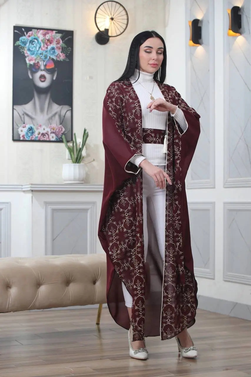 Embroidered Chiffon Cardigan Golden Silk Threads Palestinian Elegance