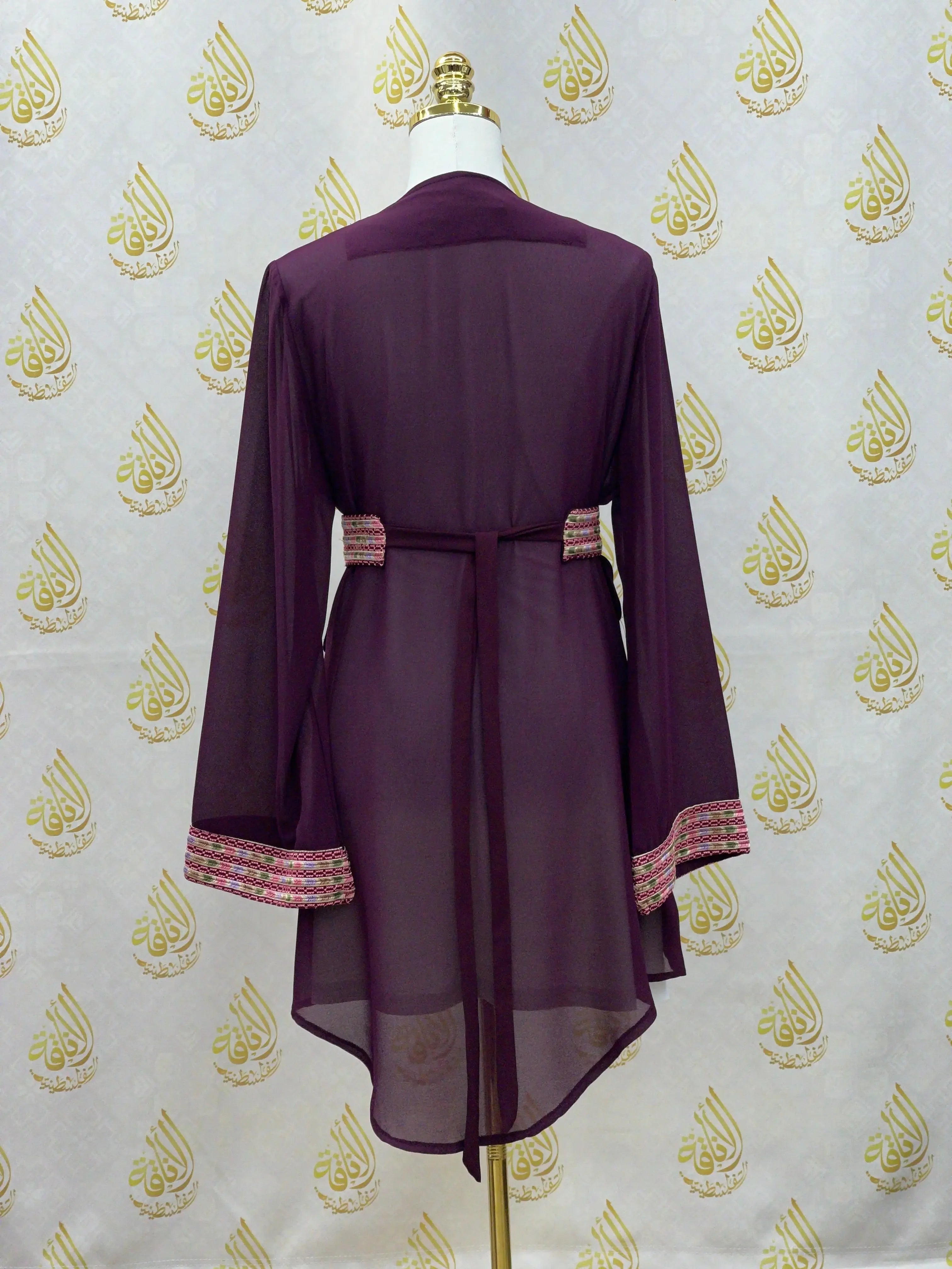 Embroidered chiffon kimono cardigan in deep purple with intricate sleeve and waist detailing by Palestinian Elegance