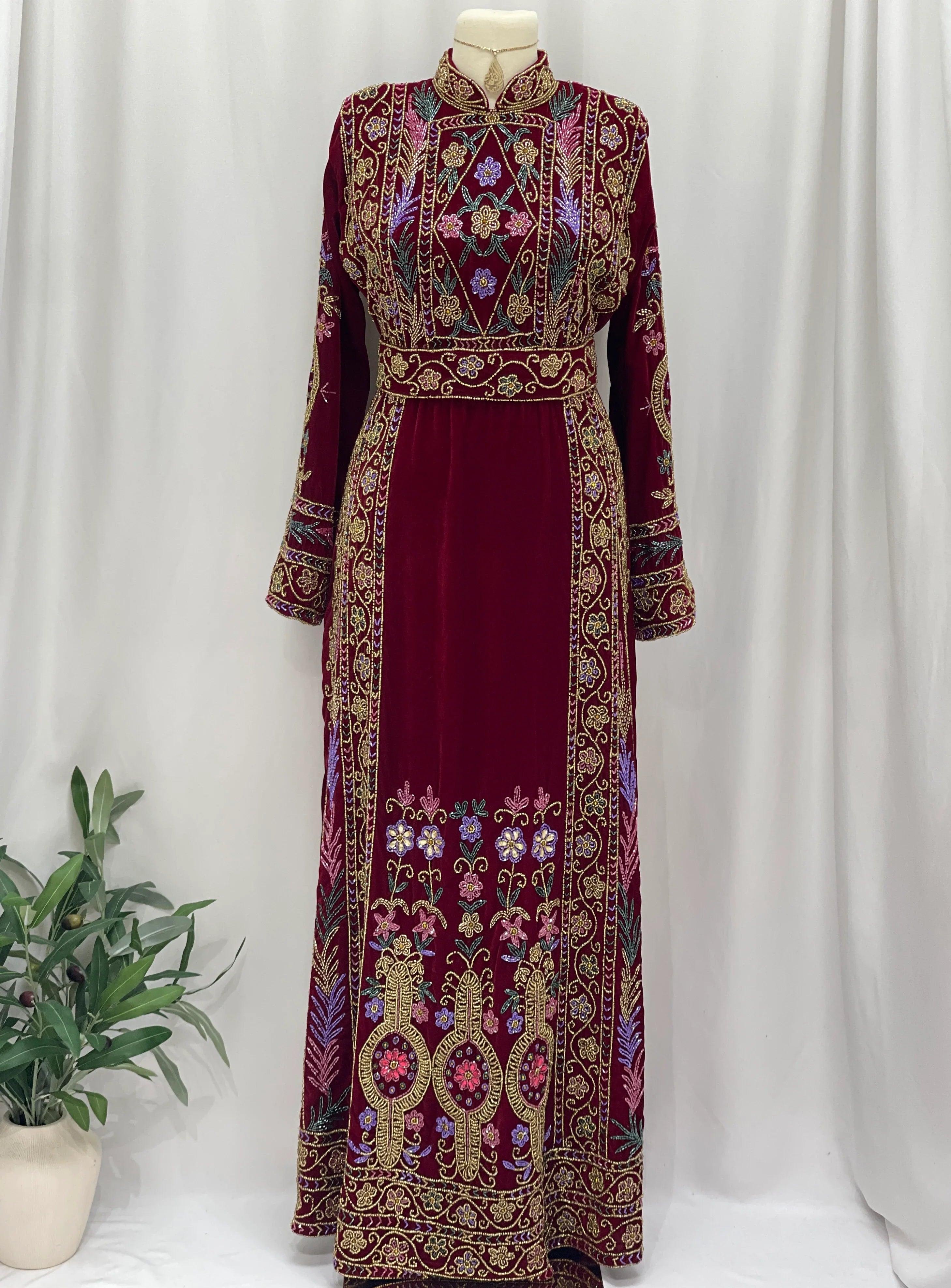 Maroon Beaded Velvet Thobe - Palestinian Elegance