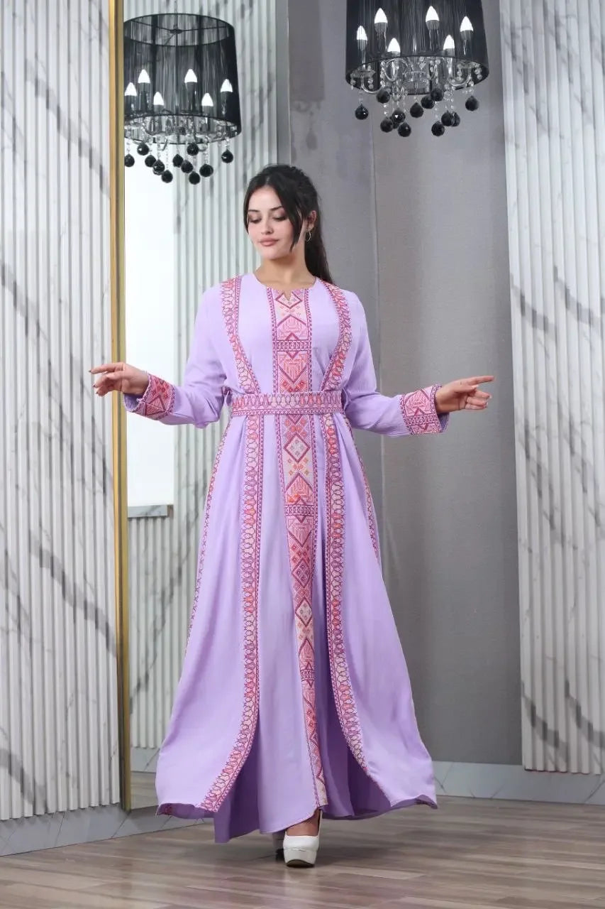 Lavender embroidered abaya for women with intricate pink and orange traditional patterns by Palestinian Elegance