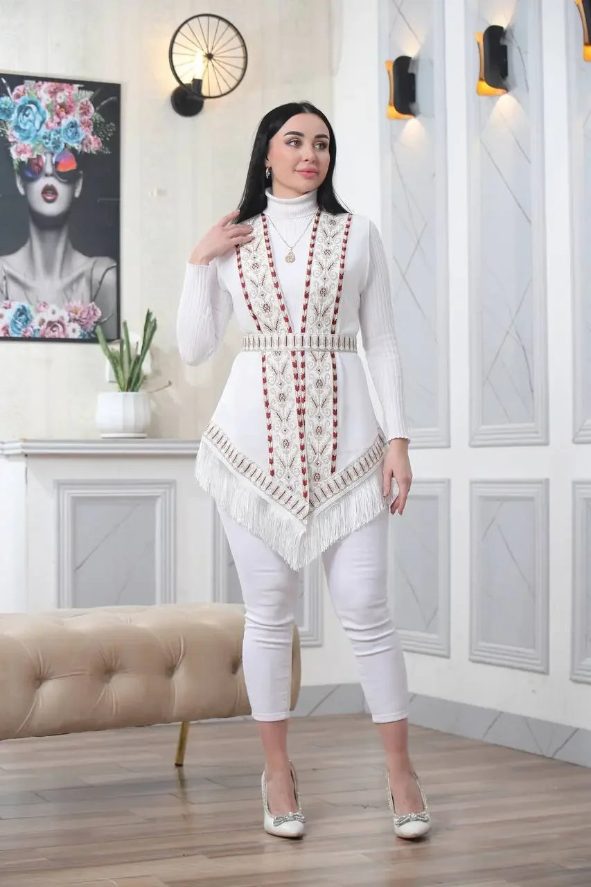 Embroidered Chiffon Vest With Tassels Palestinian Elegance