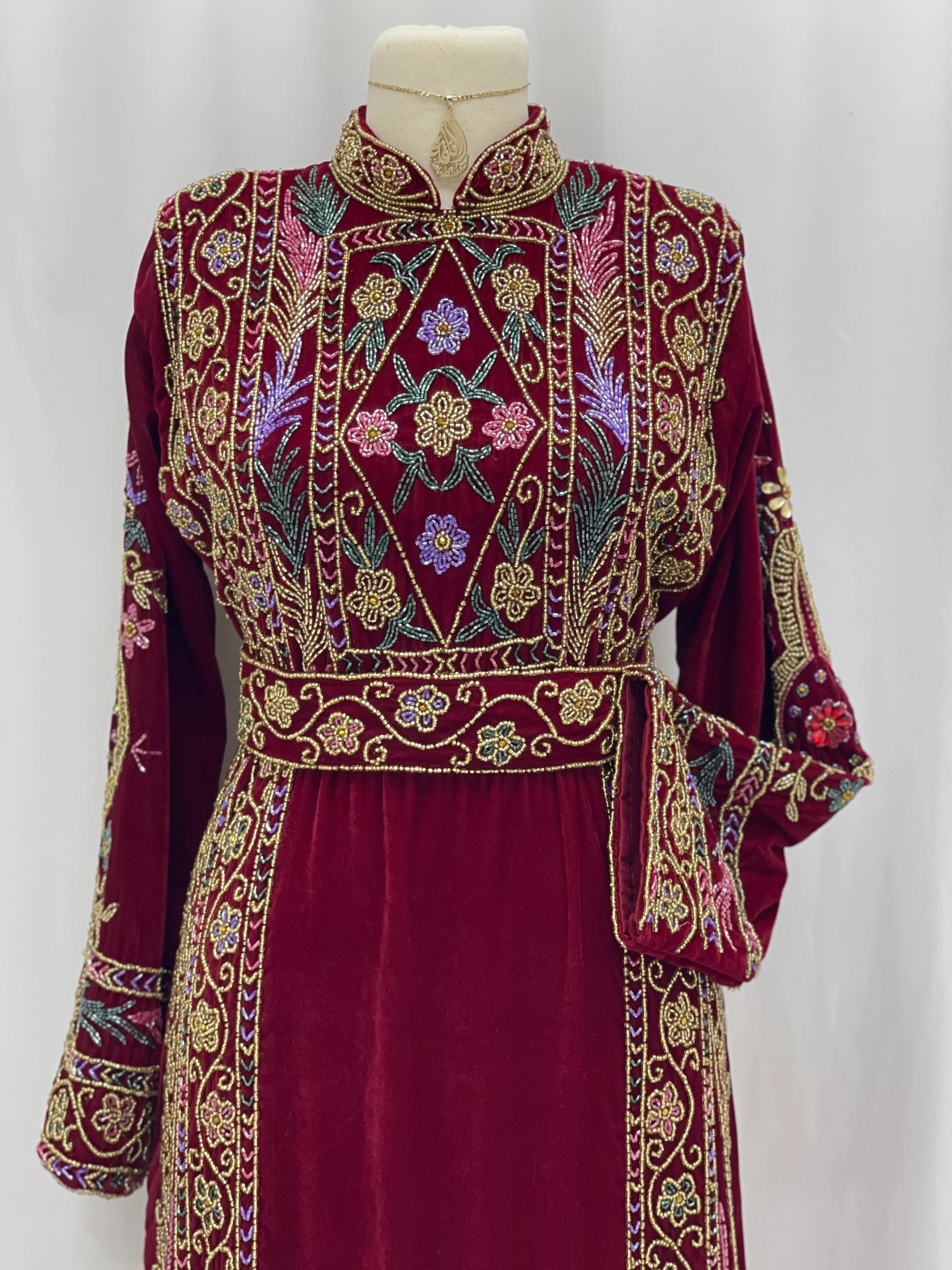 Maroon Beaded Velvet Thobe - Palestinian Elegance