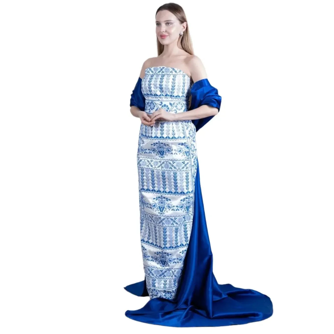 Embroidered Strapless Dress with Oversized Bow: Elegance and Sophistication Palestinian Elegance