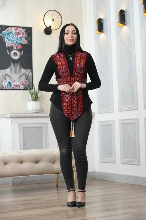 Elegant Vibrancy: Colorful Chiffon Embroidered Vest Palestinian Elegance
