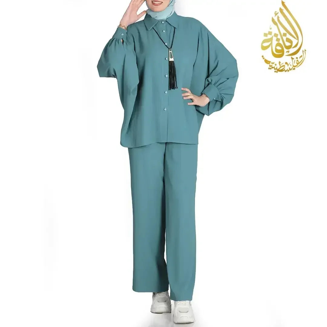Palestinian Elegance casual teal two-piece set perfect chic summer outfit for women with long sleeves and wide pants