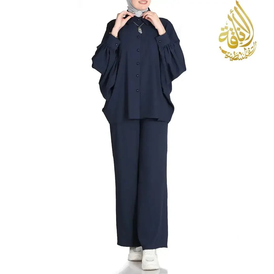 Palestinian Elegance casual navy blue loose fit top and pants chic summer outfit for women