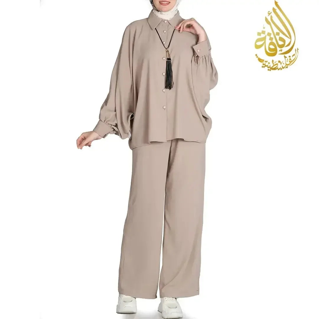 Palestinian Elegance casual beige two-piece chic summer outfit for women with loose top and wide pants