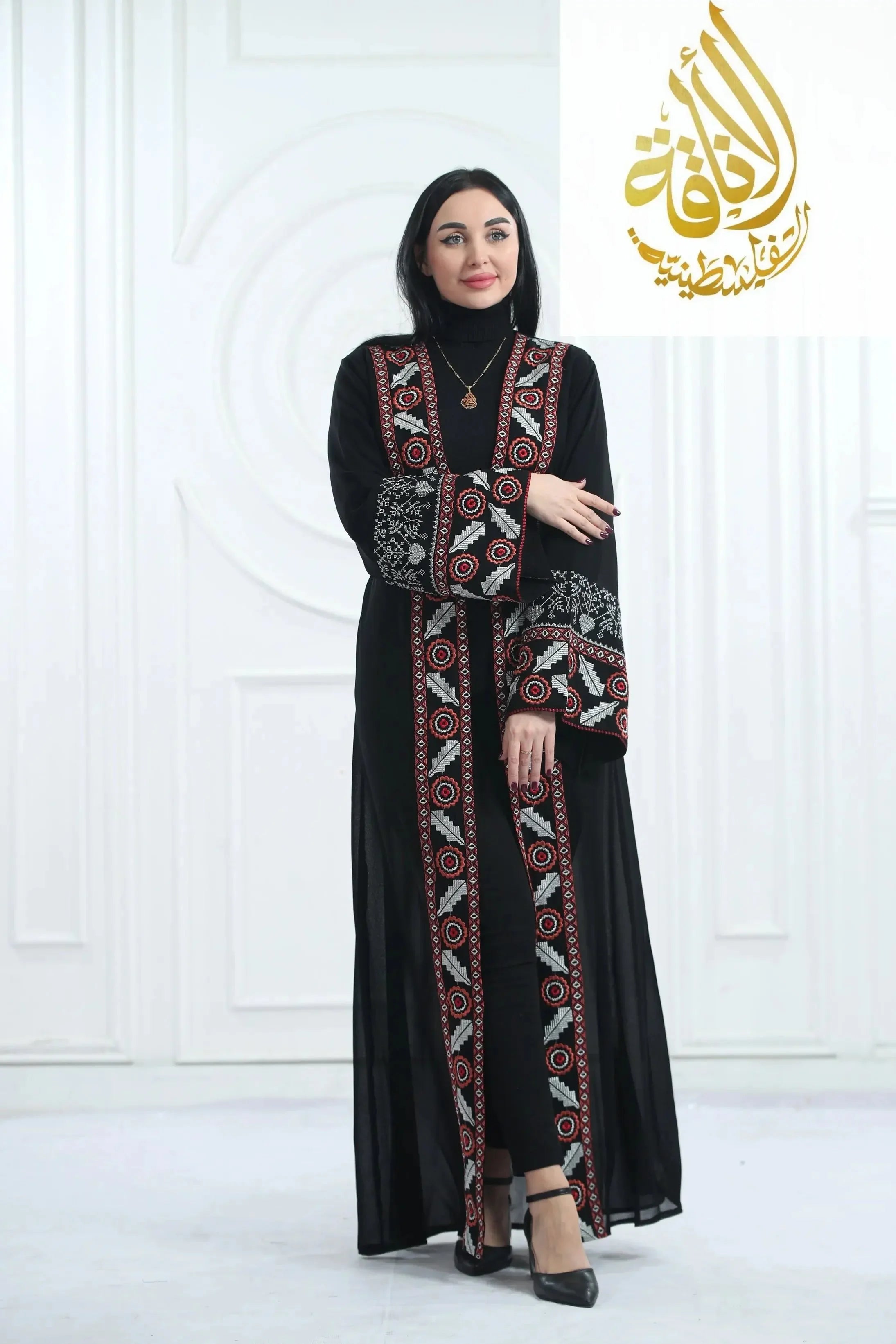 Chiffon Bisht with Luxurious Reed Gold Embroidery: Elegance & Sophistication Palestinian Elegance