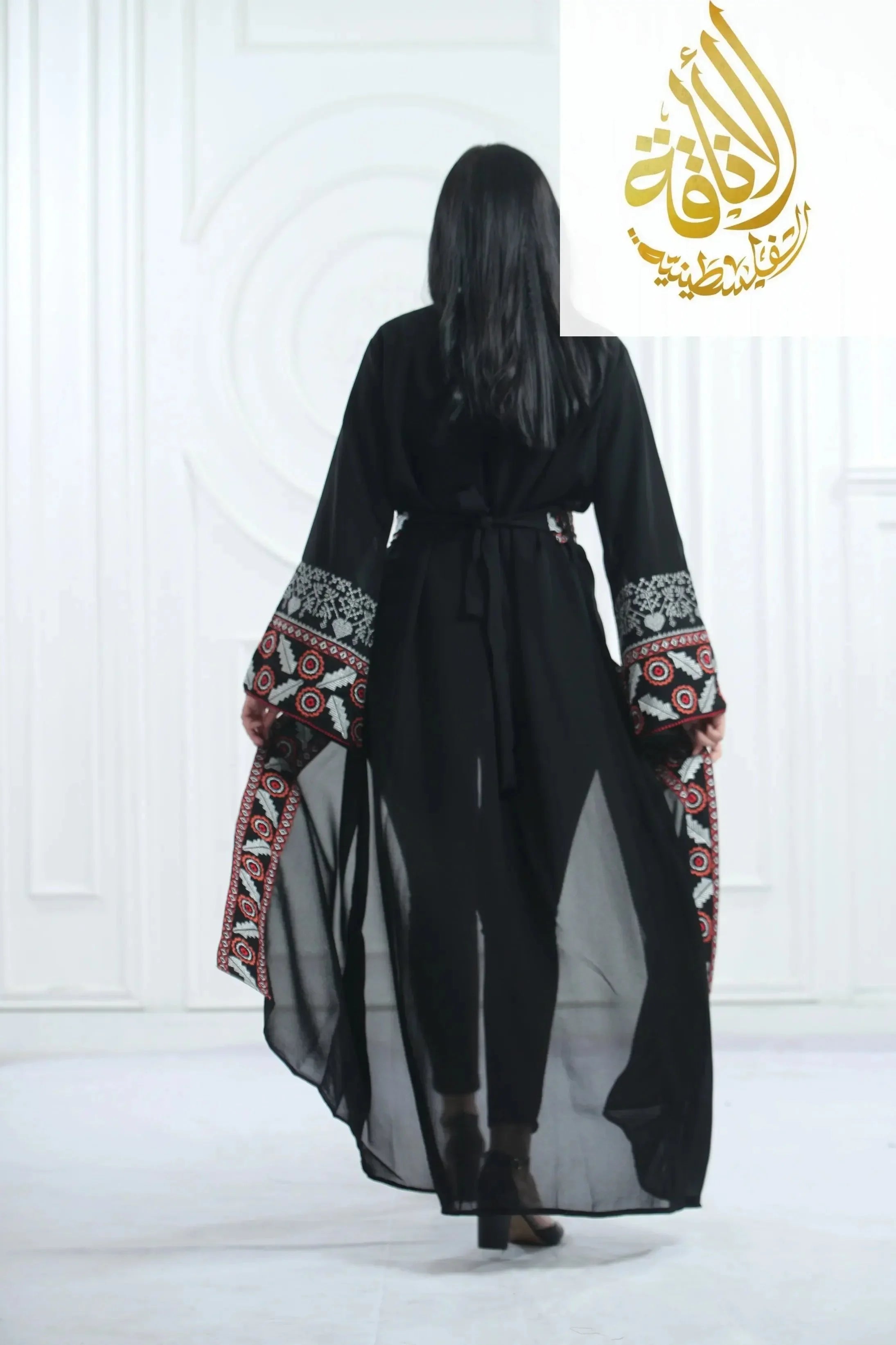 Chiffon Bisht with Luxurious Reed Gold Embroidery: Elegance & Sophistication Palestinian Elegance
