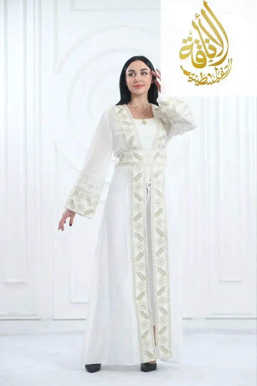 Chiffon Bisht with Luxurious Reed Gold Embroidery: Elegance & Sophistication Palestinian Elegance