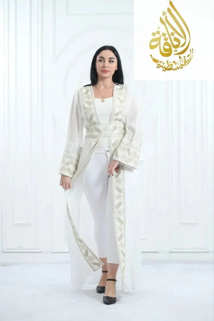 Chiffon Bisht with Luxurious Reed Gold Embroidery: Elegance & Sophistication Palestinian Elegance