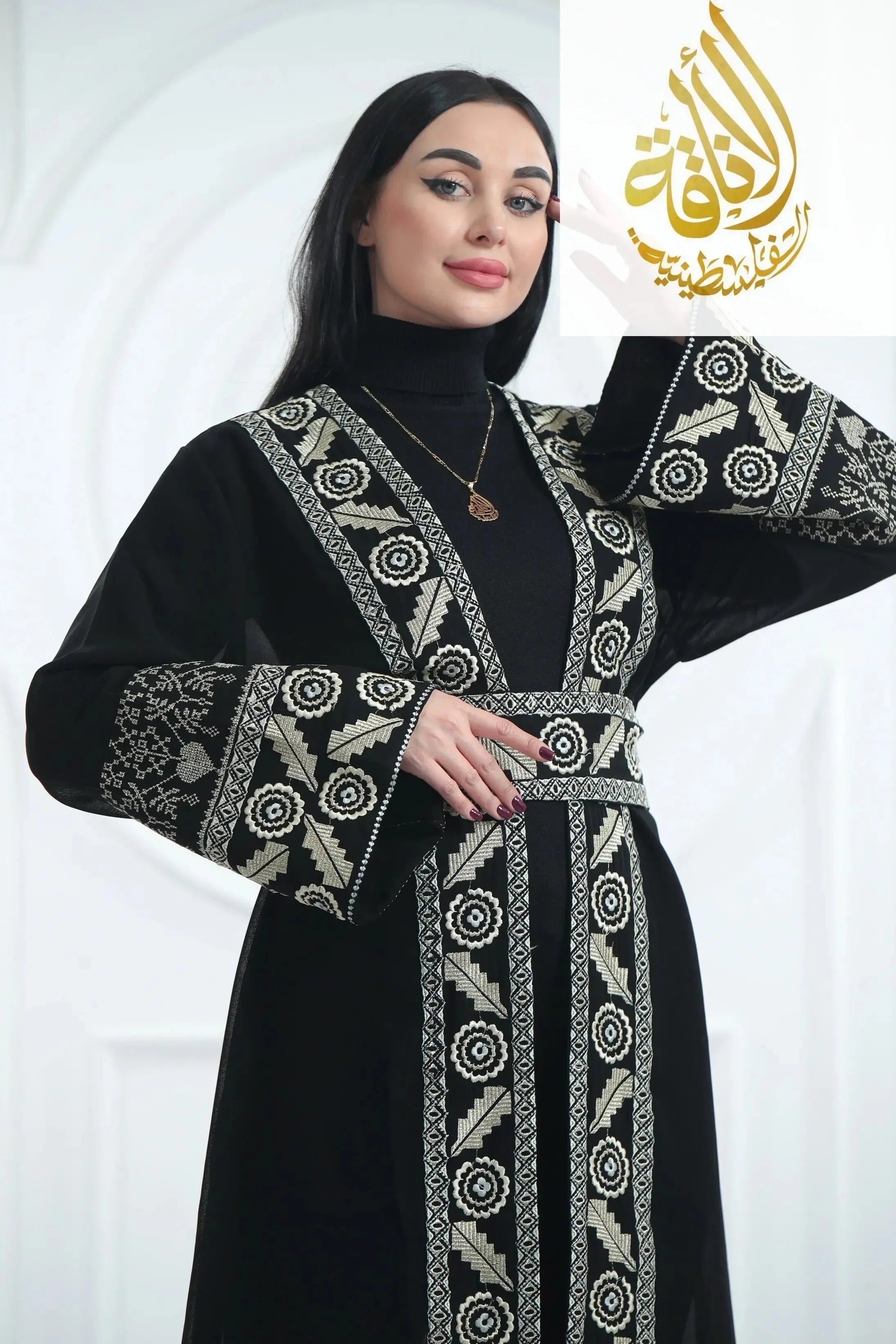 Chiffon Bisht with Luxurious Reed Gold Embroidery: Elegance & Sophistication Palestinian Elegance