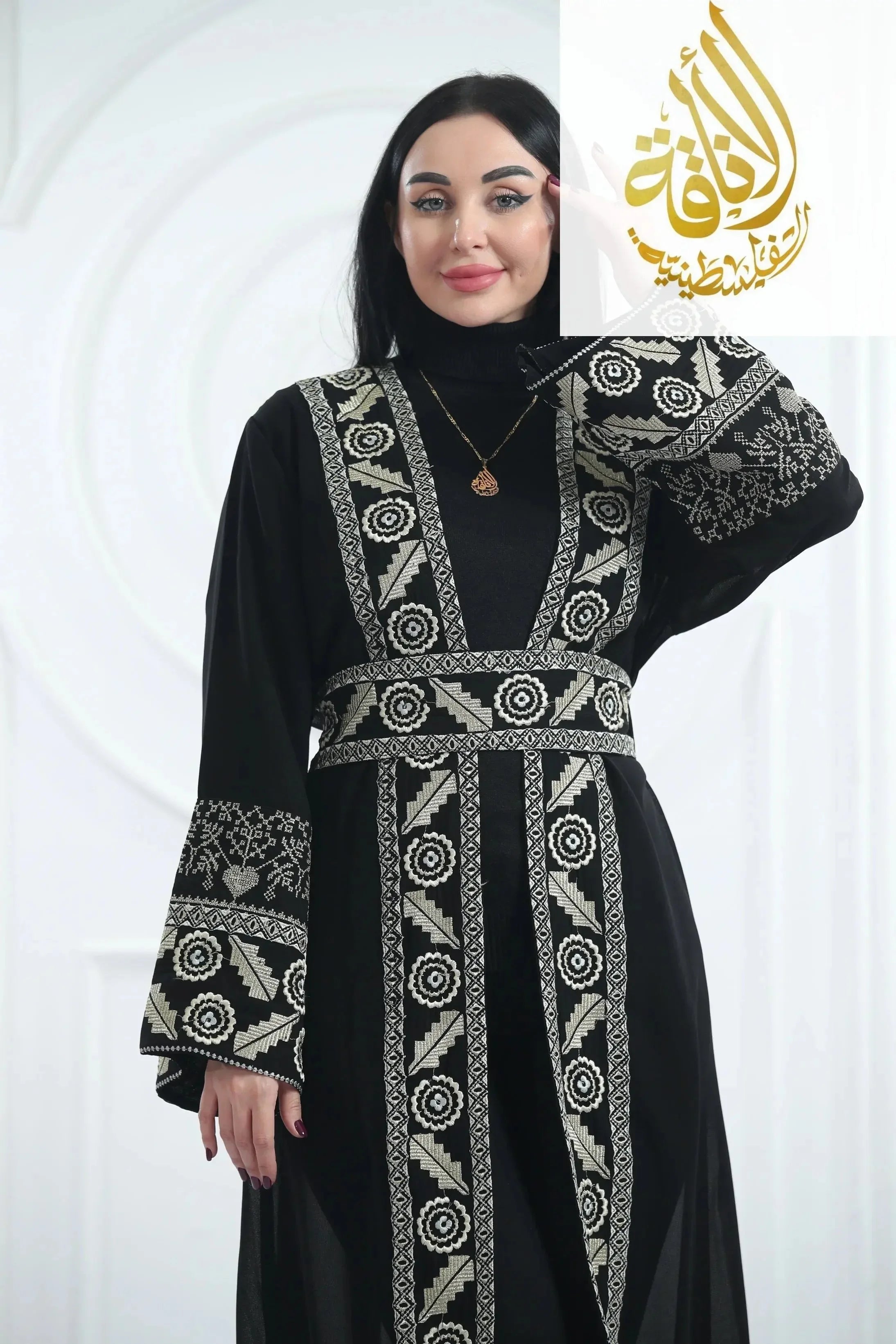 Chiffon Bisht with Luxurious Reed Gold Embroidery: Elegance & Sophistication Palestinian Elegance
