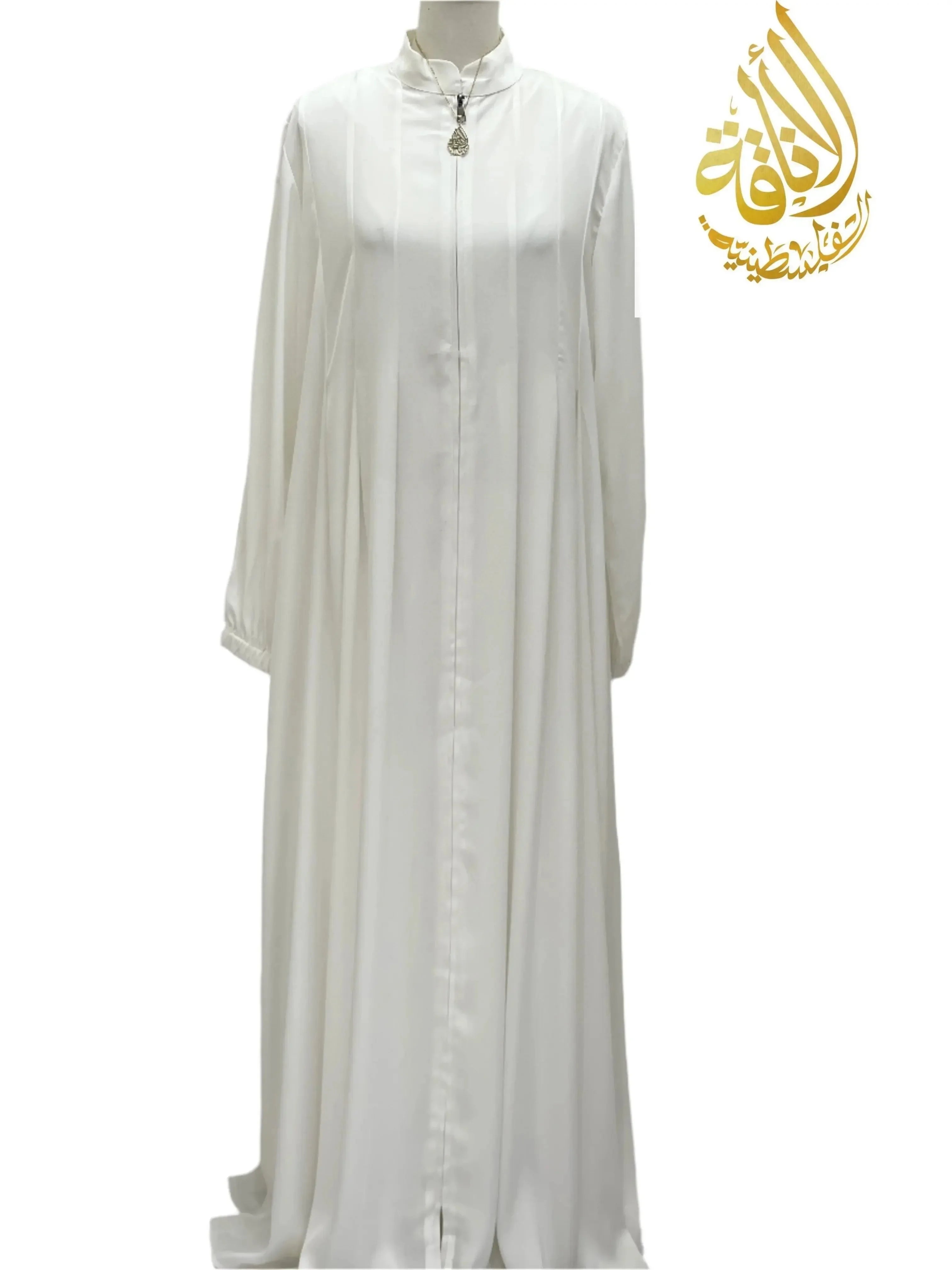 Classic white abaya from Palestinian Elegance with full-length design and front zipper closure