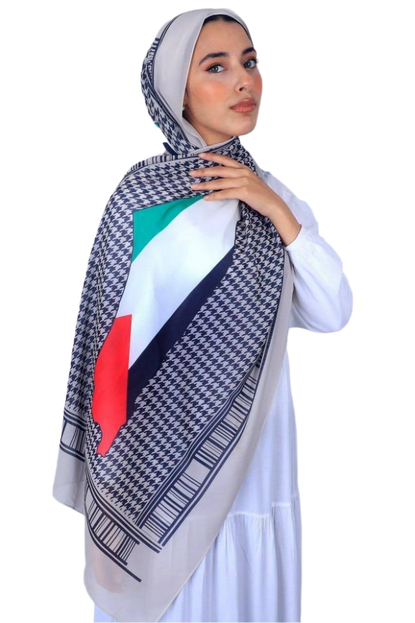 Cream Color Hijab with Kufiyah Design and Palestine Map Palestinian Elegance