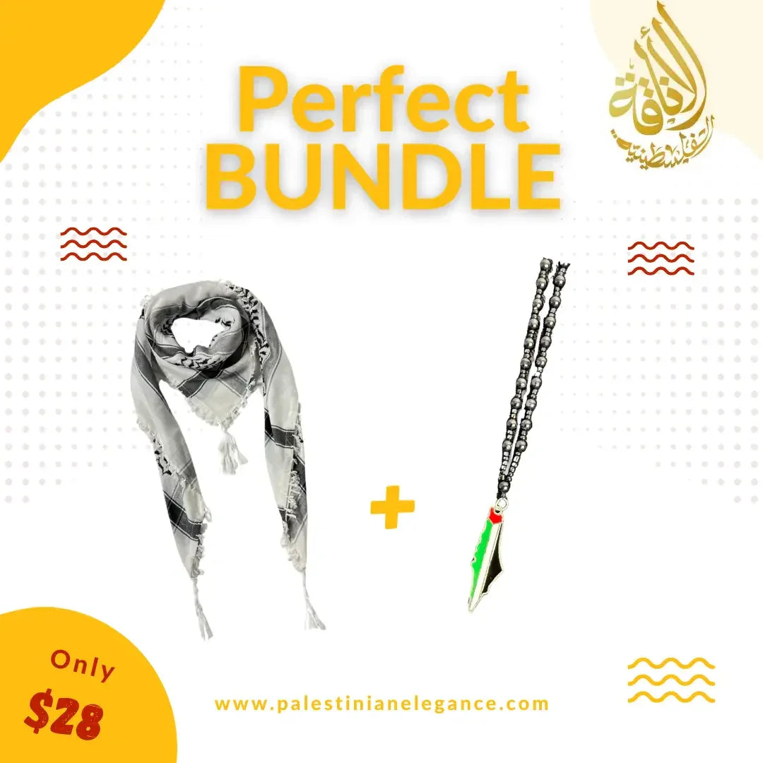 Cultural Elegance Bundle: Original Kuffiyeh & Black Beads Palestine Necklace Palestinian Elegance