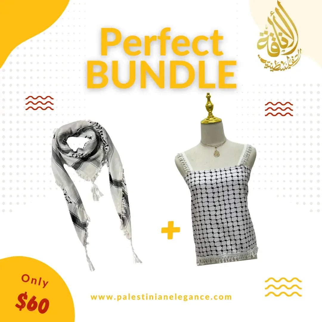Cultural Fusion Bundle: Original Kuffiyeh & White Kuffiyeh Smagh Cropped Top Palestinian Elegance