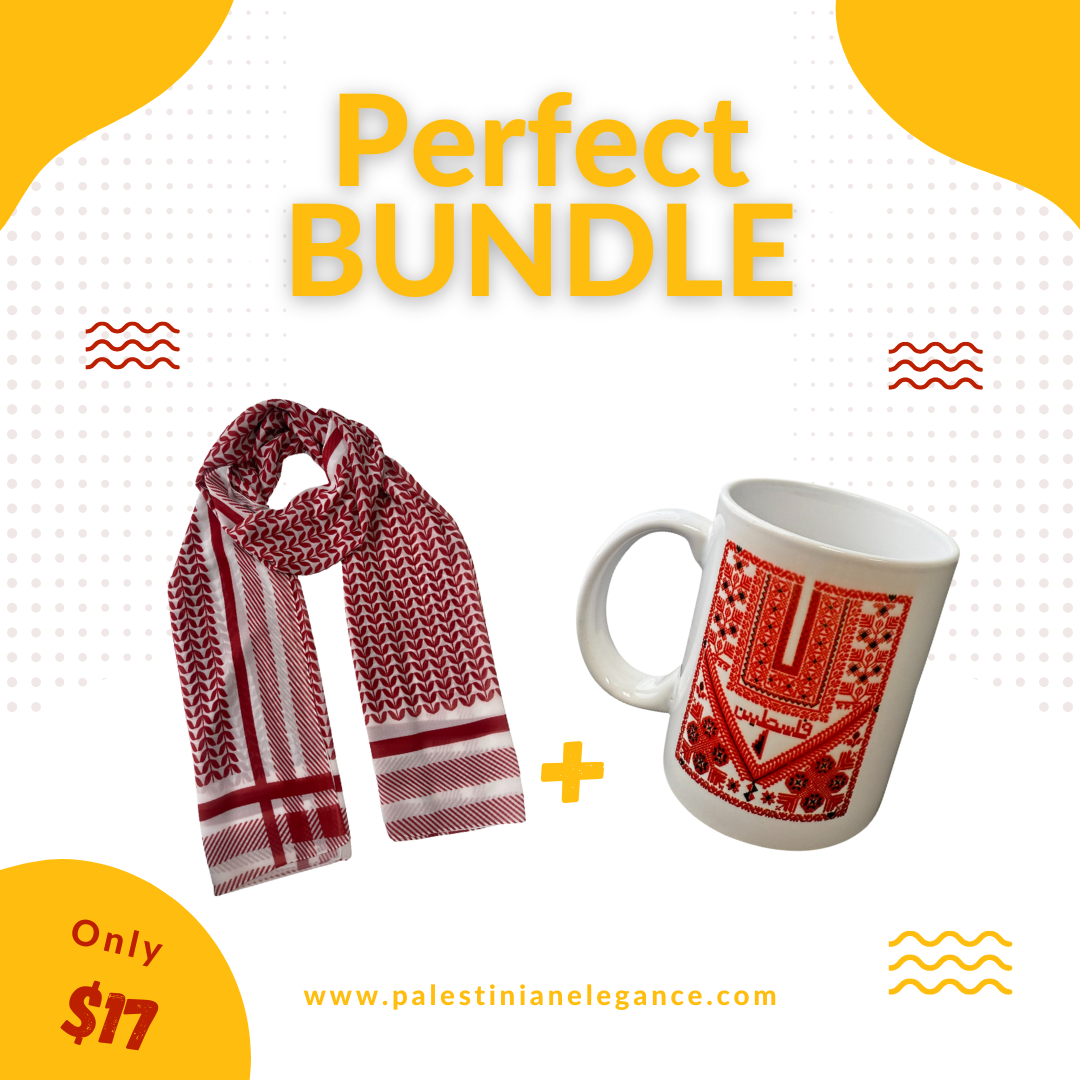 Cultural Pride & Heritage Bundle: Full Red Kuffiyeh Hijab & Palestine Coffee Cups Palestinian Elegance