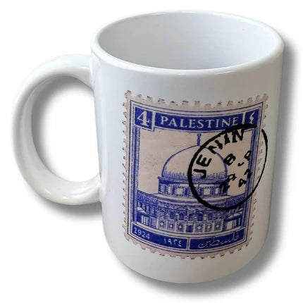 Cup with Blue Palestine Stamp Design Palestinian Elegance