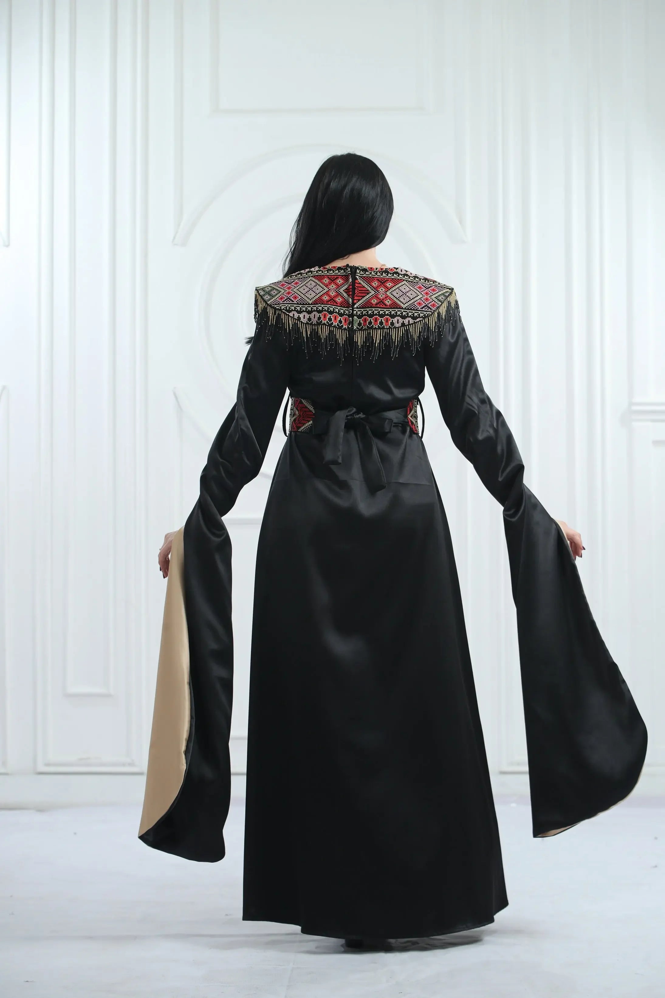 Embroidered Satin Dress With handmade Beads Palestinian Elegance