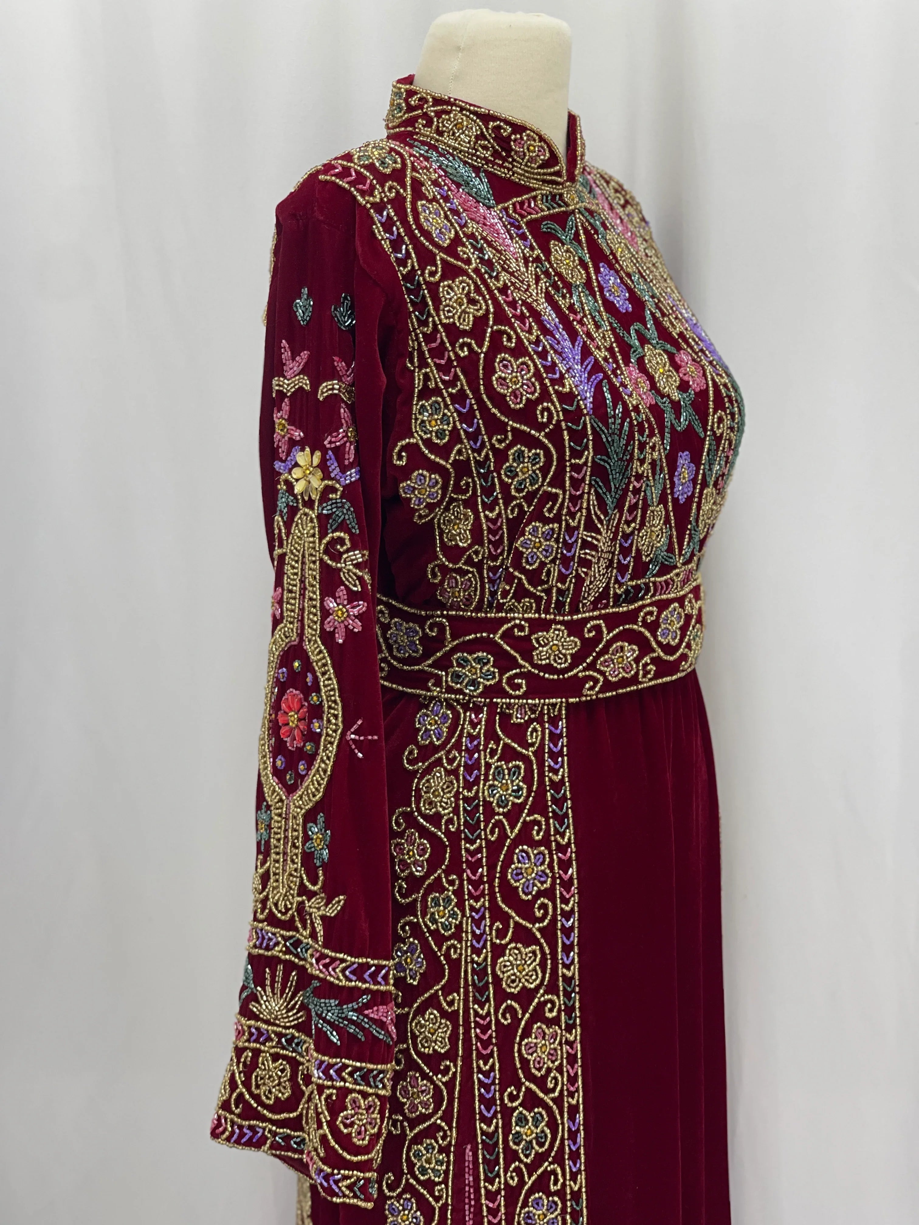 Maroon Beaded Velvet Thobe - Palestinian Elegance