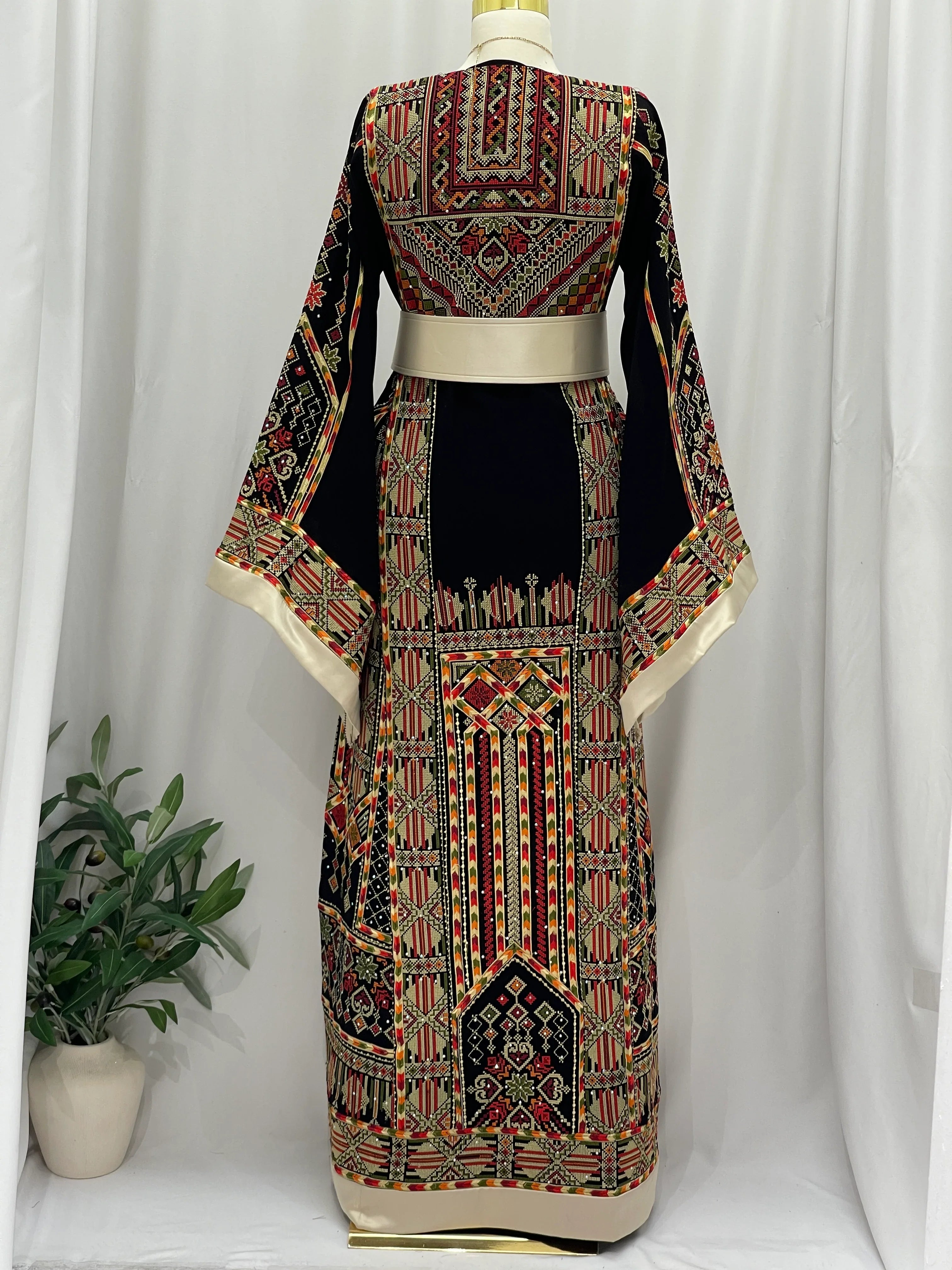 Luxury Black Palestinian Embroidered Thoub with Two Belts – Timeless Elegance with Heritage Touch