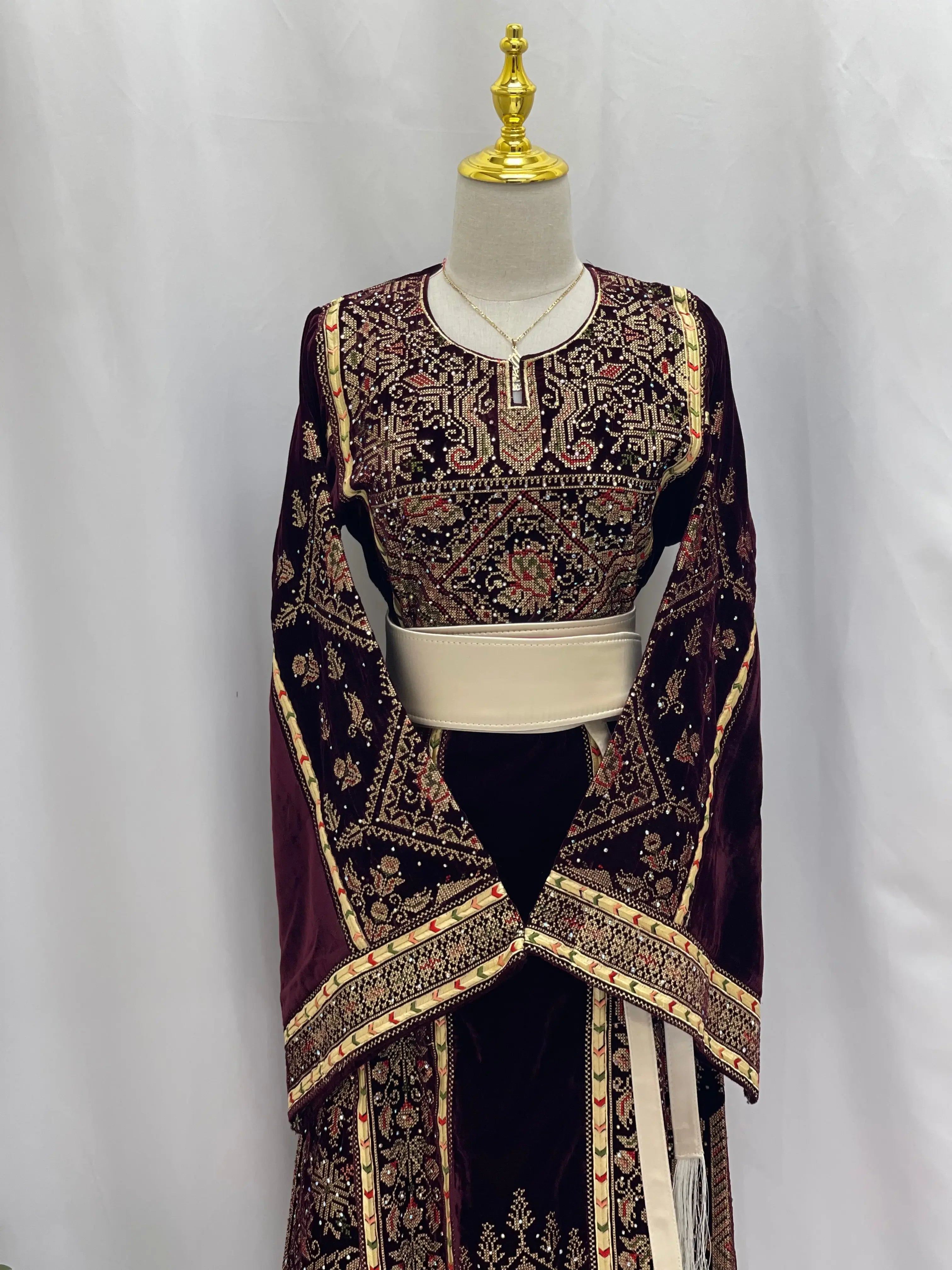 Maroon Velvet Thoub With Matching Overskirt Palestinian Elegance