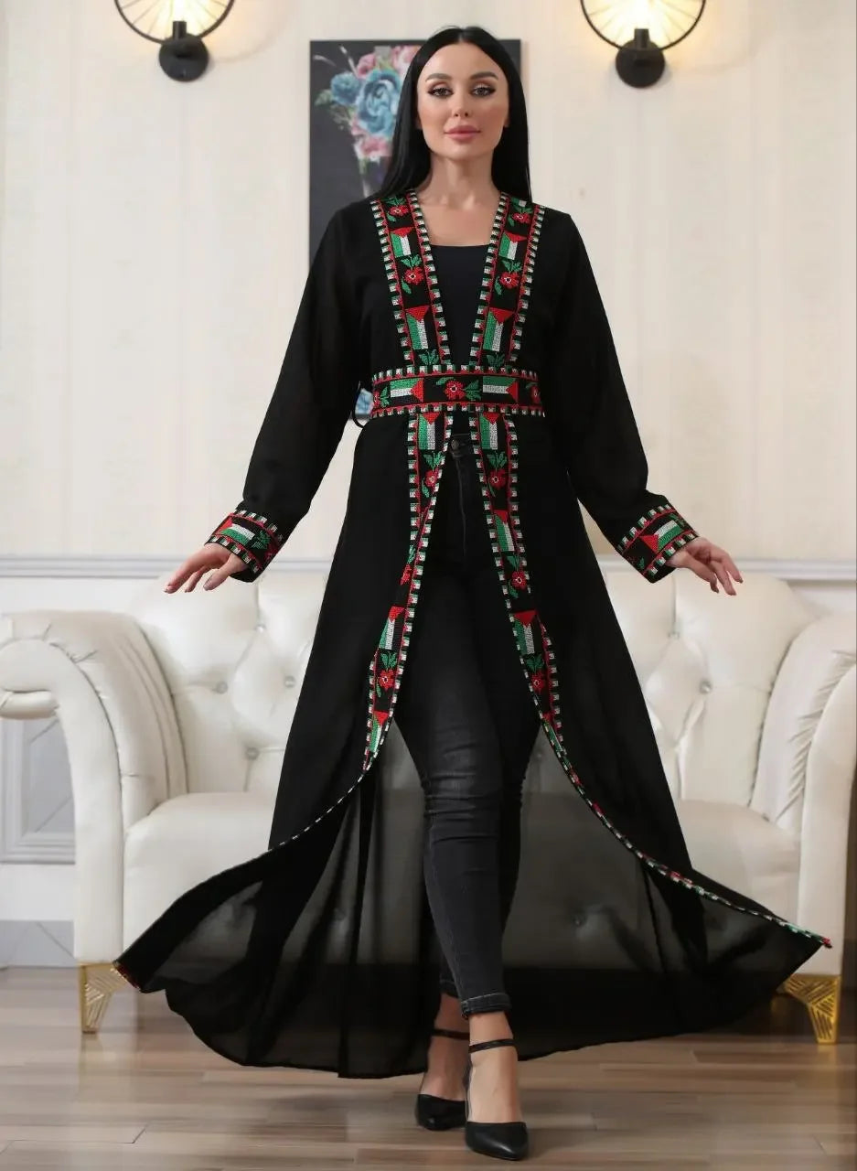 Chiffon Cardigan with Embroidered Palestinian Flag – Cultural Statement Piece Palestinian Elegance