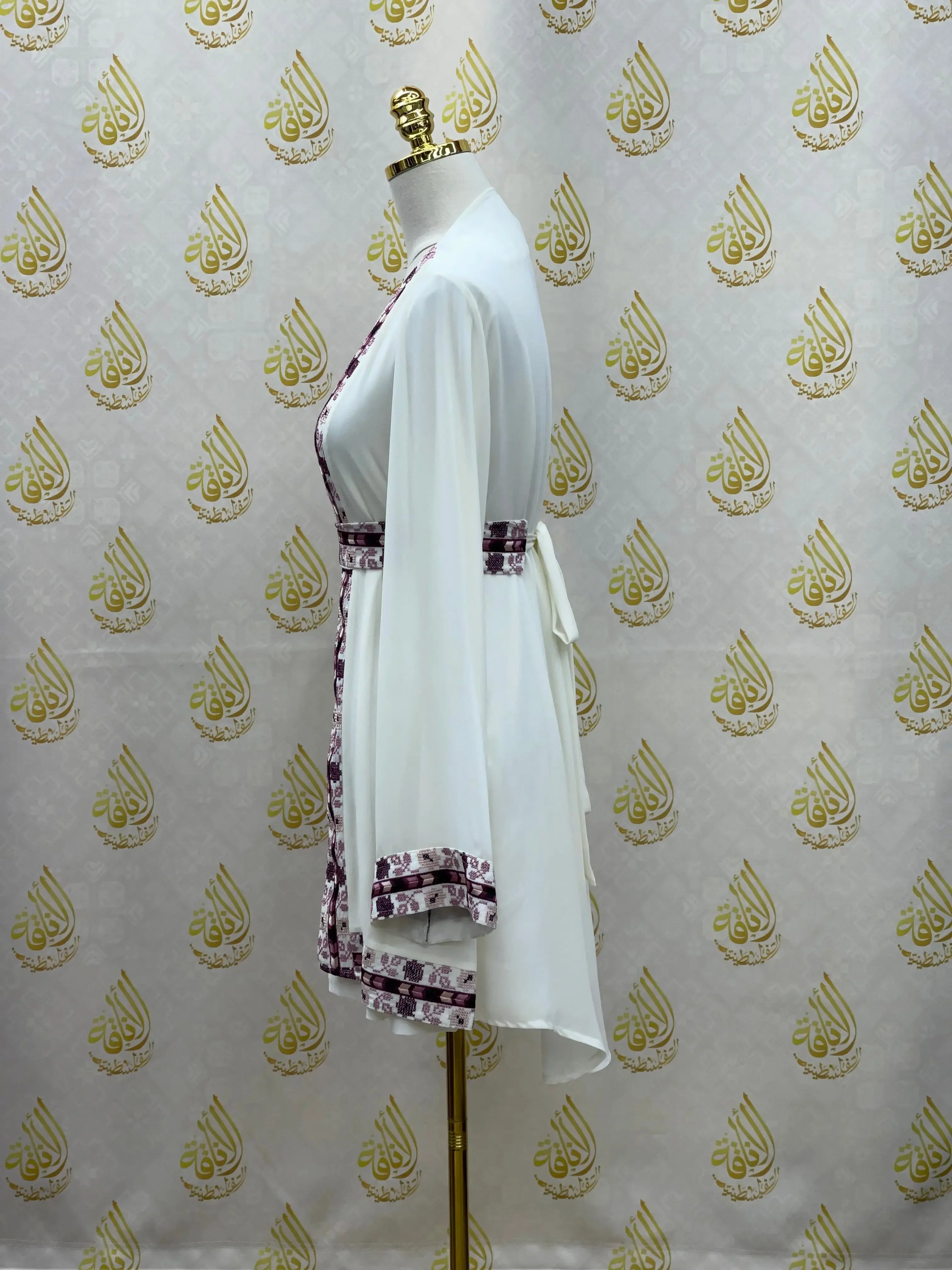 Palestinian Elegance white embroidered chiffon kimono cardigan with detailed purple embroidery on sleeves and edges