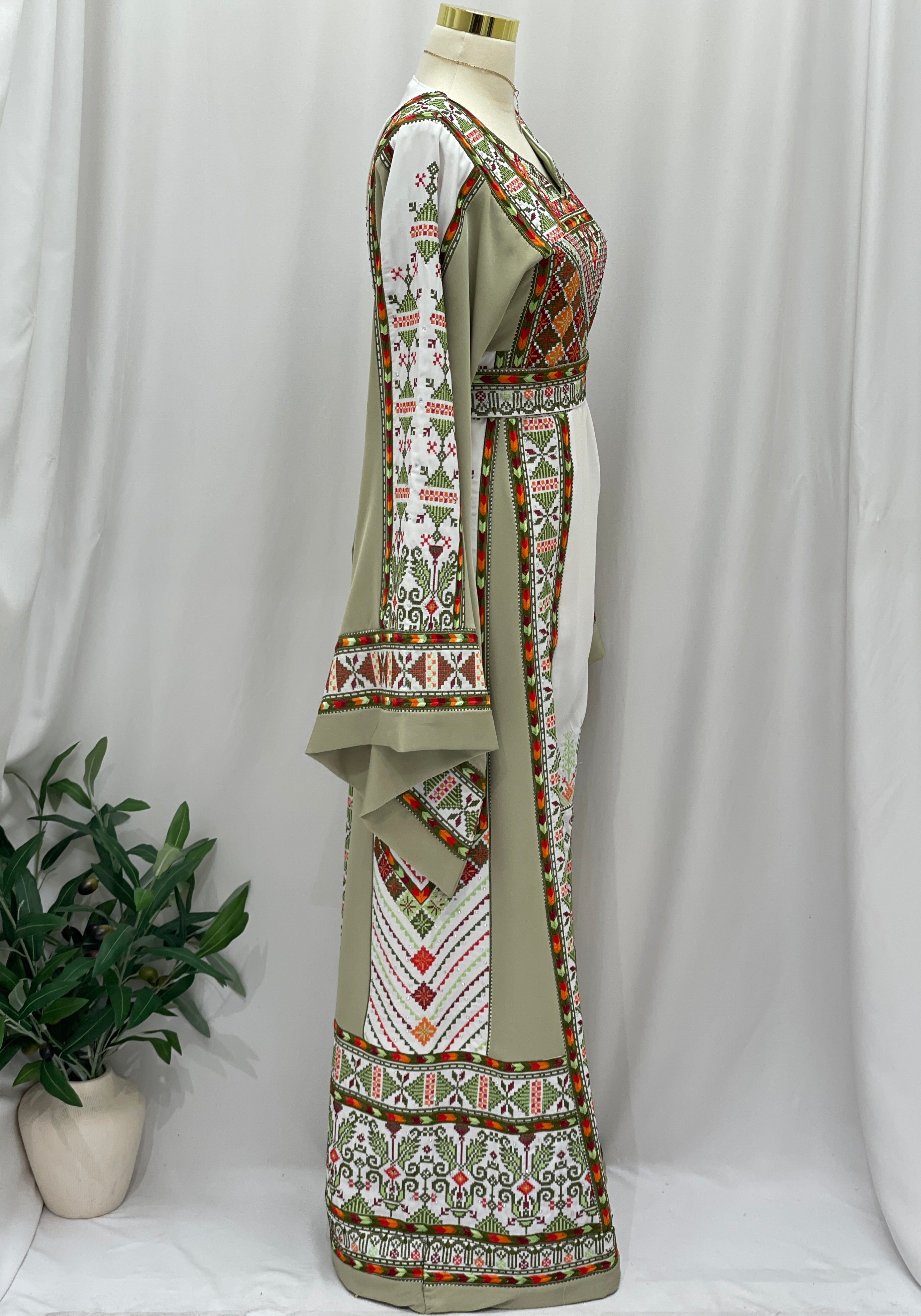 Olive Heritage Embroidered Thobe | Classic Modest Embroidery