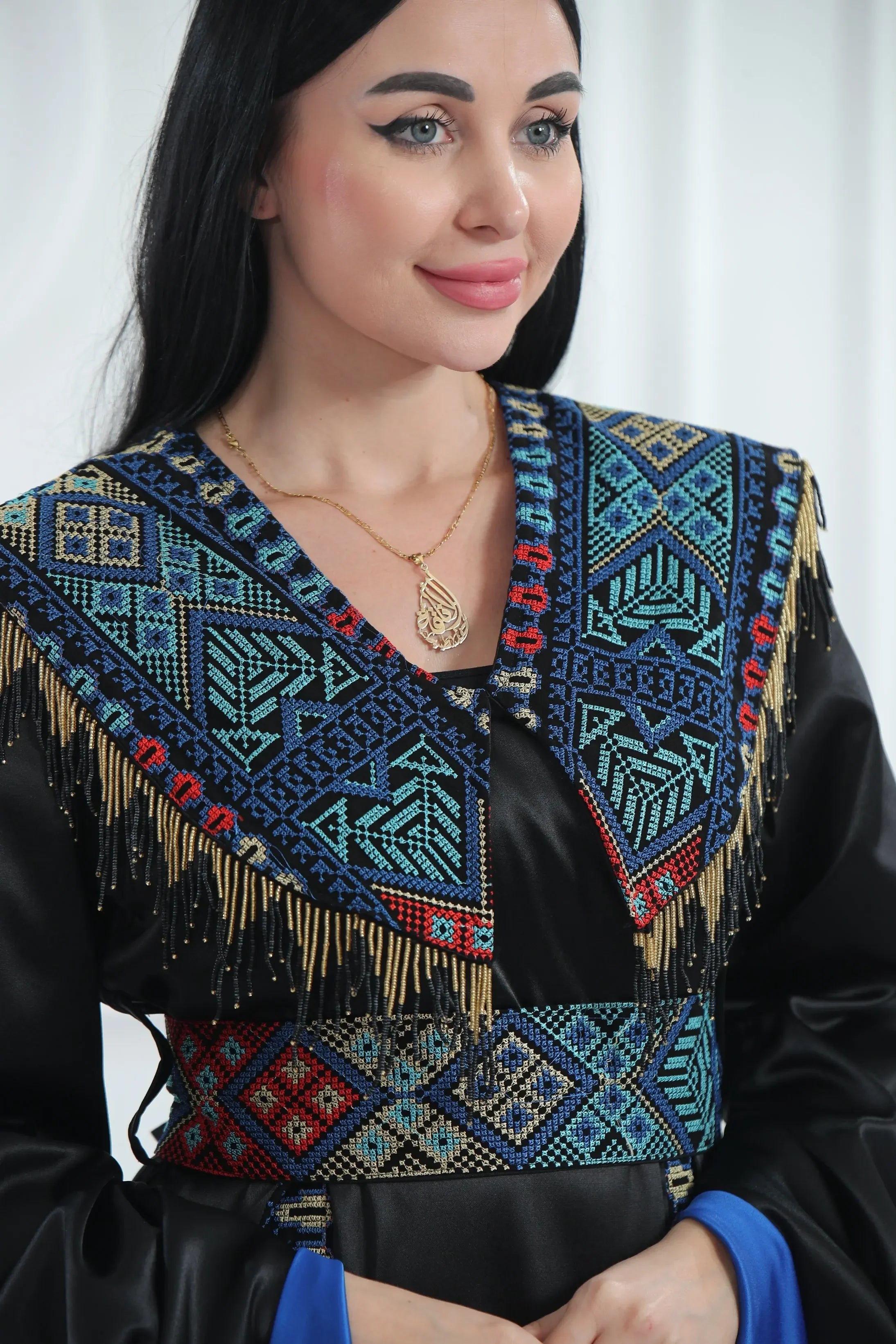 Embroidered Satin Dress With handmade Beads Palestinian Elegance