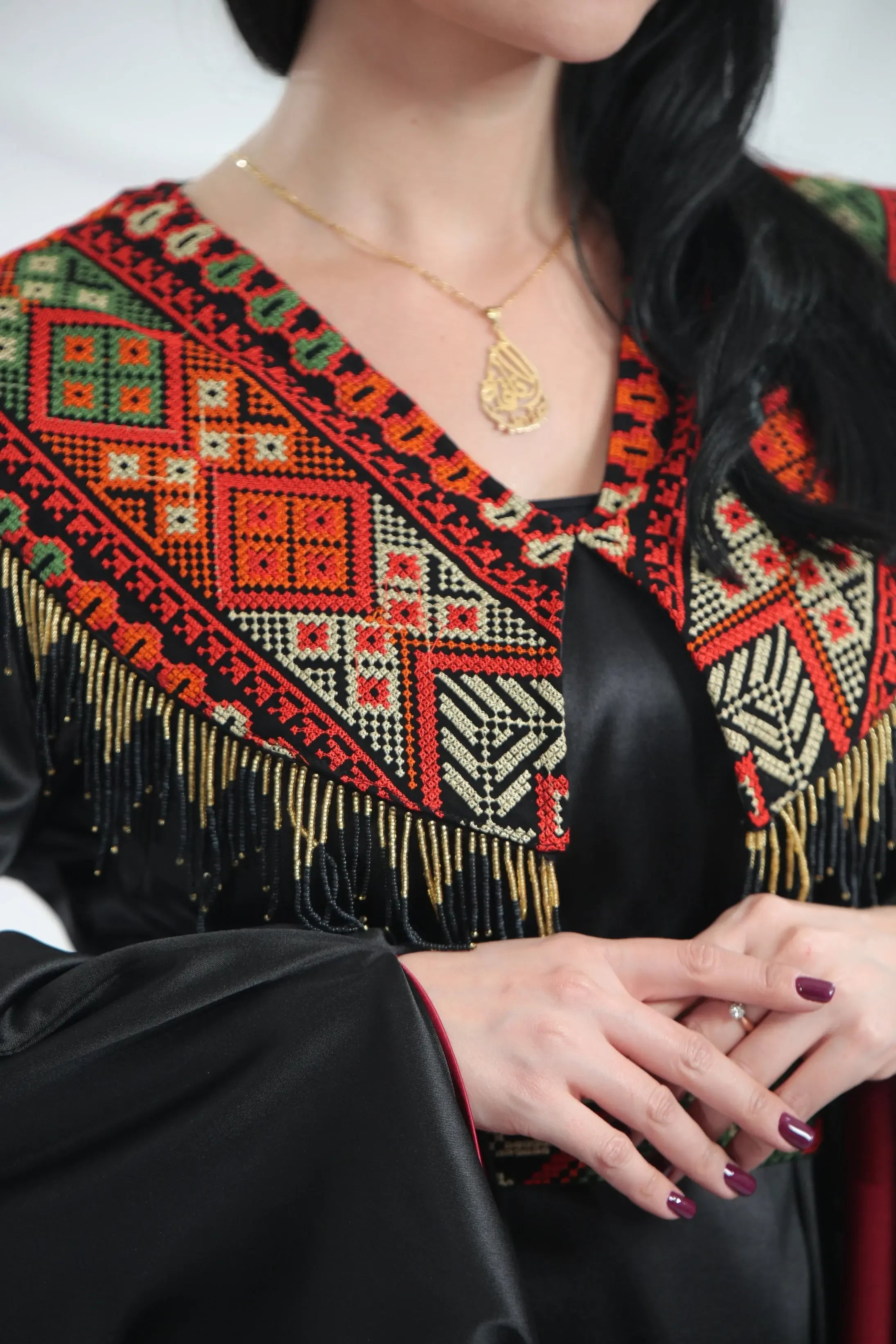 Embroidered Satin Dress With handmade Beads Palestinian Elegance