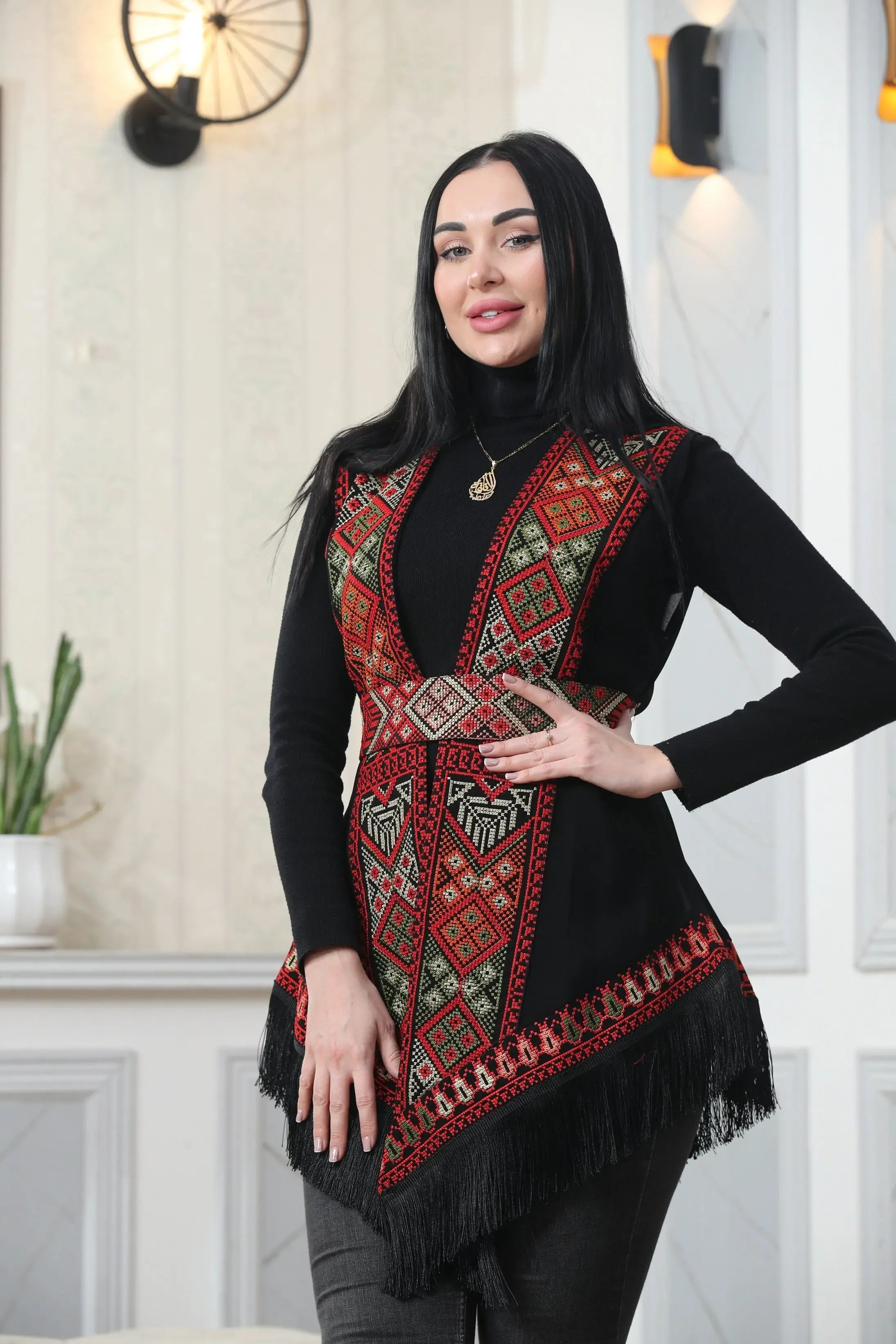 Embroidered Chiffon Vest With Tassels Palestinian Elegance