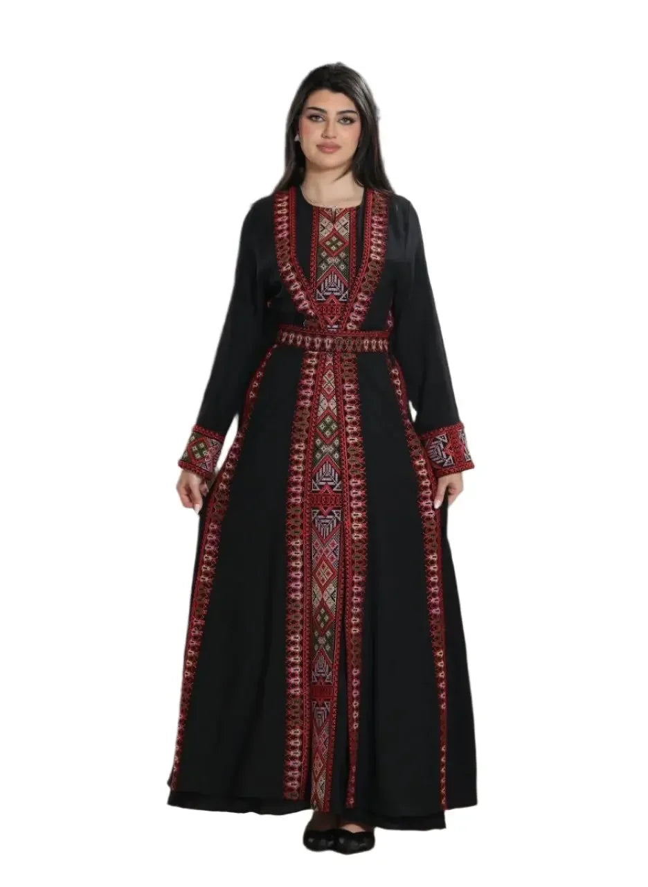 Palestinian Elegance embroidered abaya for women in black with red traditional embroidery and long sleeves