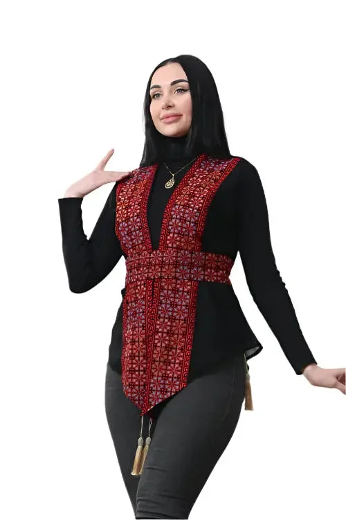 Elegant Vibrancy: Colorful Chiffon Embroidered Vest Palestinian Elegance