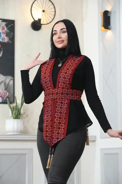 Stylish Brilliance: Chiffon Vest with Vibrant Embroidery Palestinian Elegance