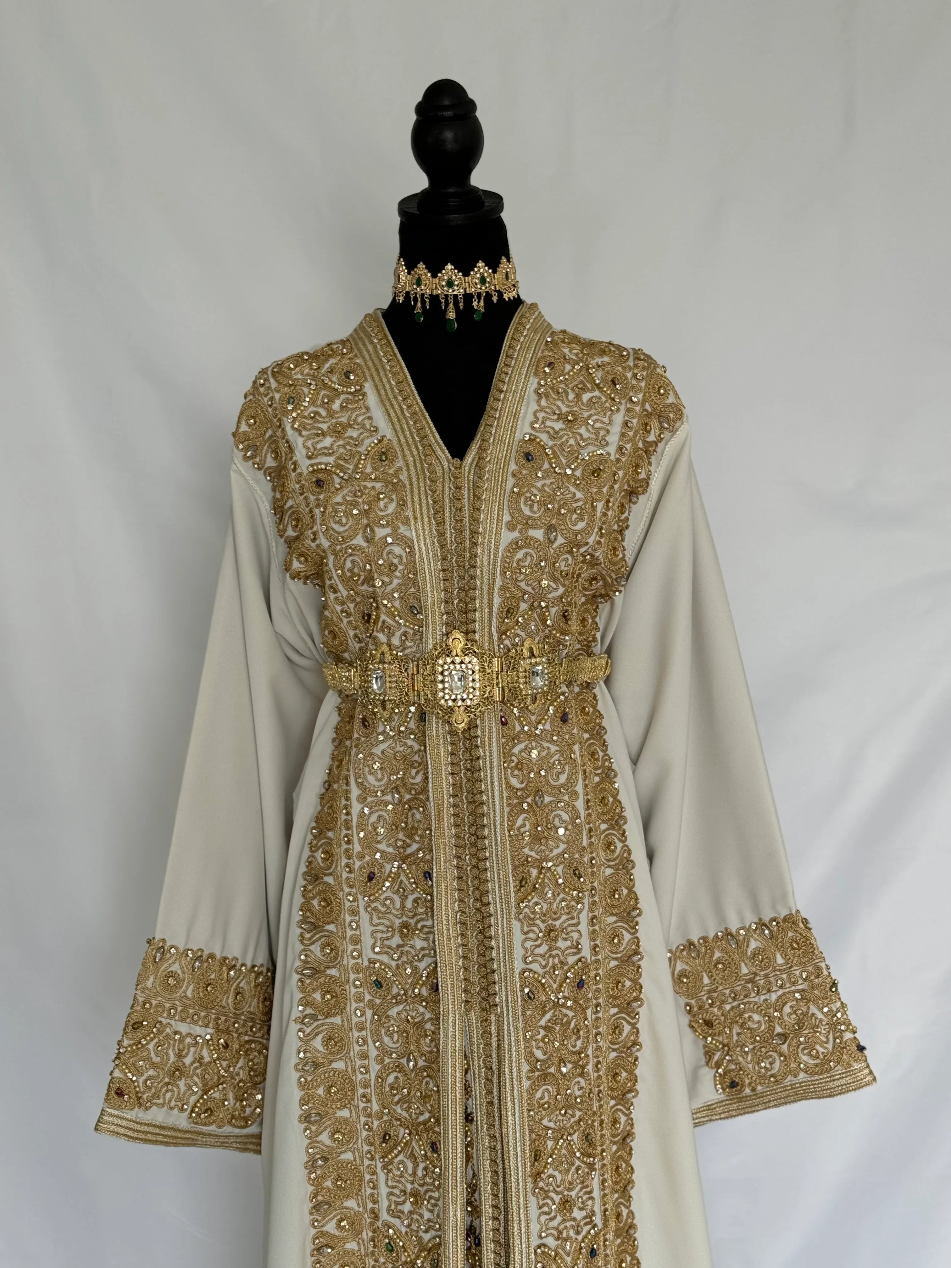Handmade Silk Crepe Moroccan Kaftan: Gold Thread Embroidery, Belted Takchita