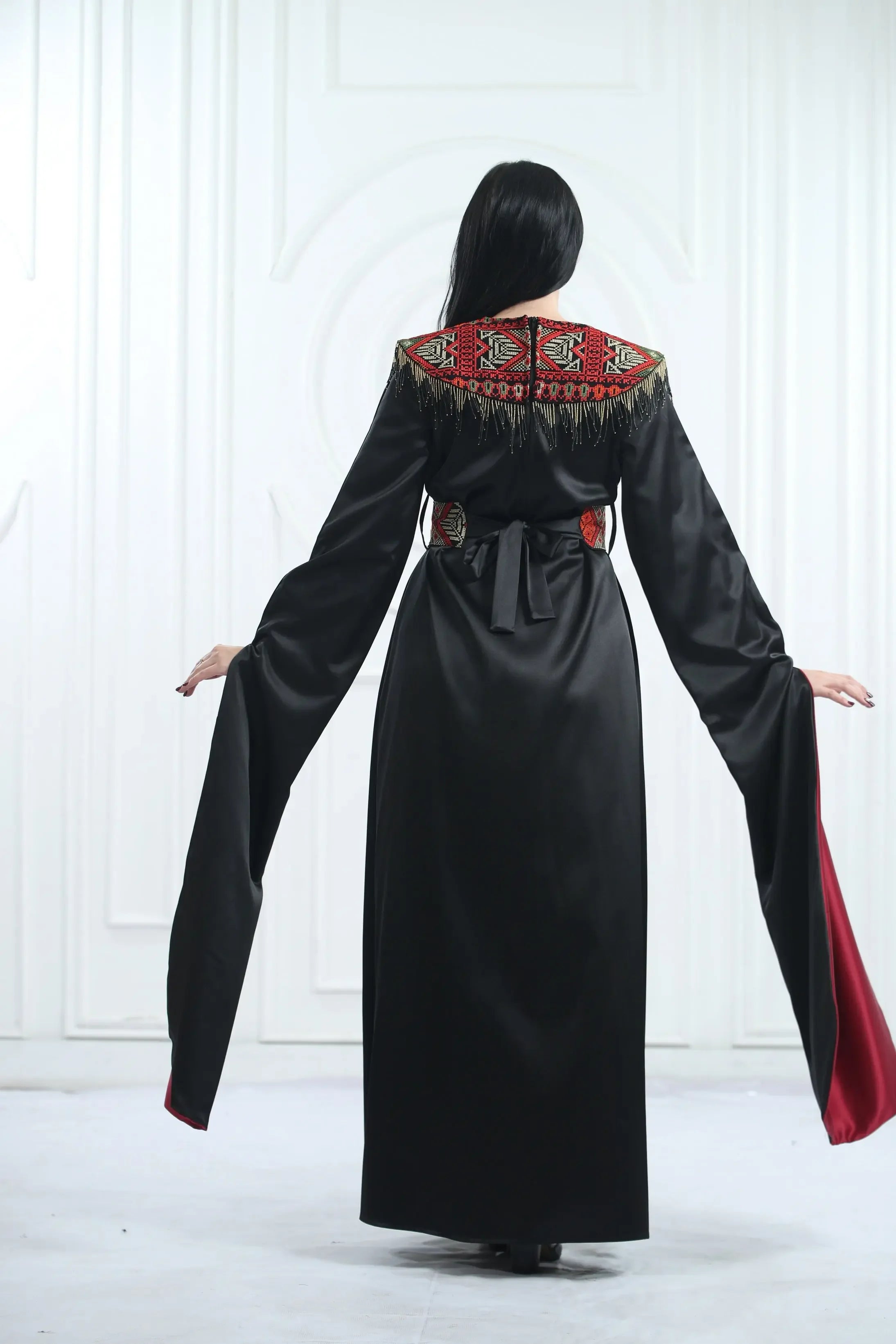 Embroidered Satin Dress With handmade Beads Palestinian Elegance
