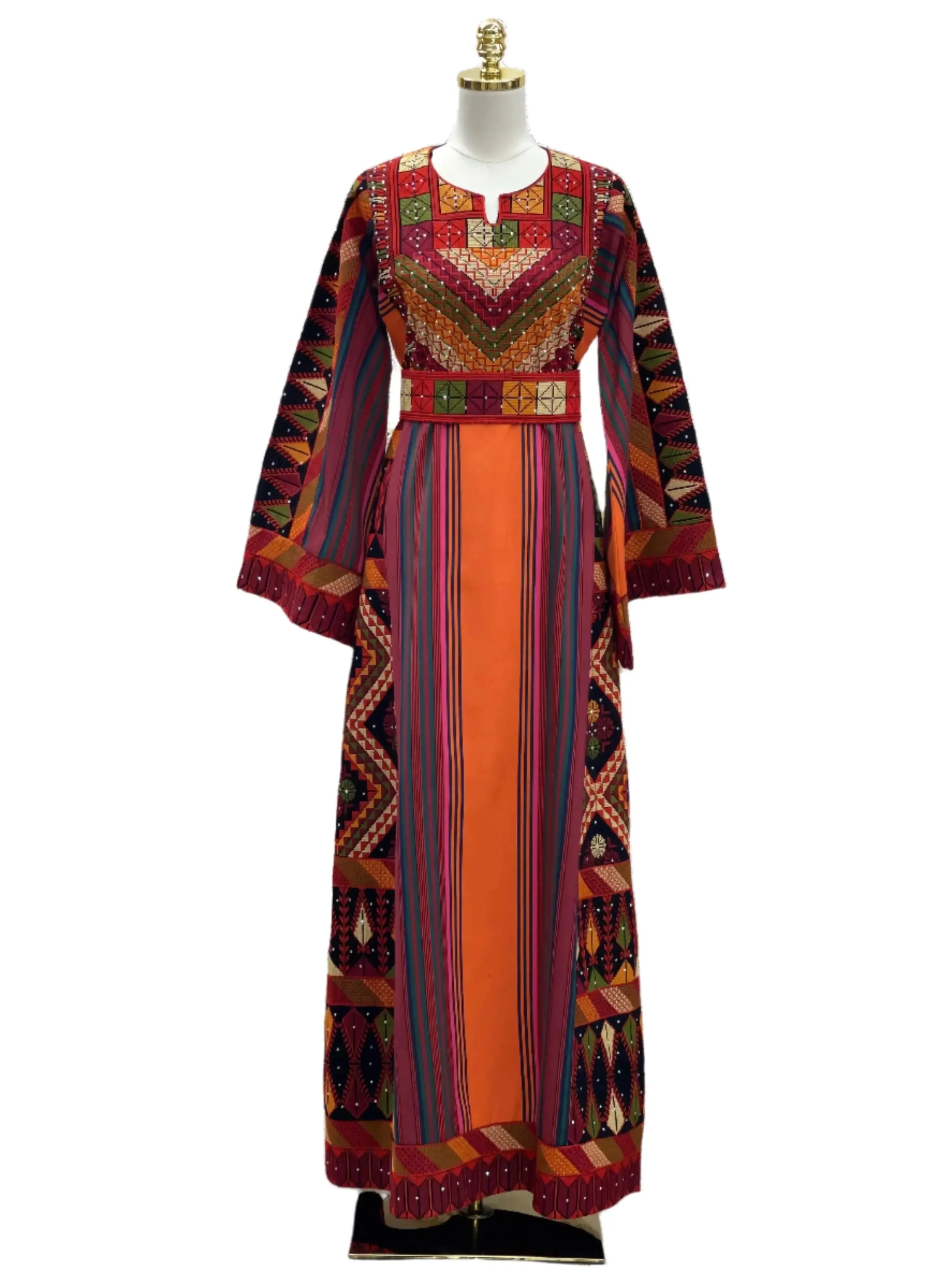 Luxury Palestinian thoub dress with intricate colorful embroidery and traditional geometric patterns