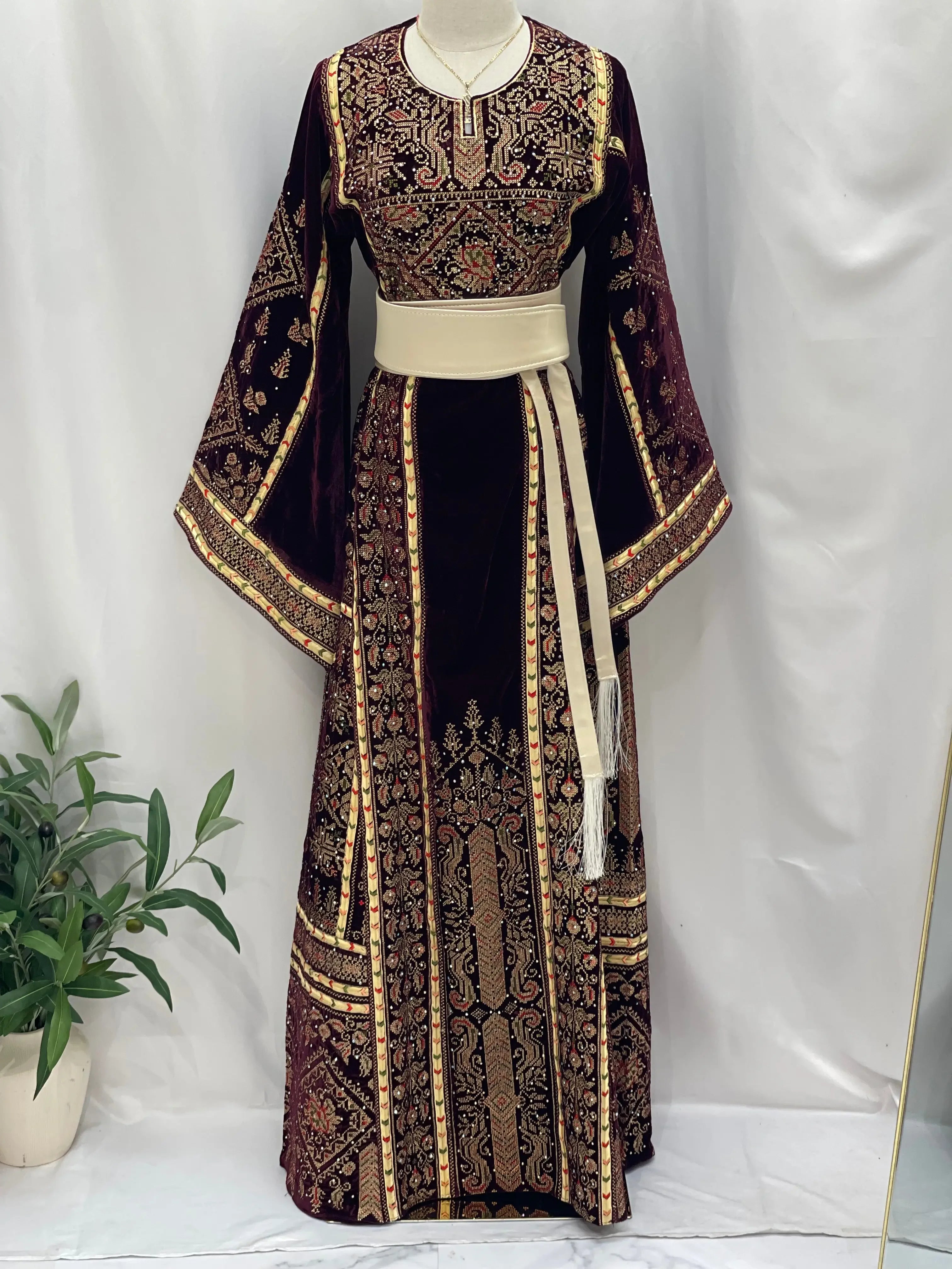Maroon Velvet Thoub With Matching Overskirt Palestinian Elegance