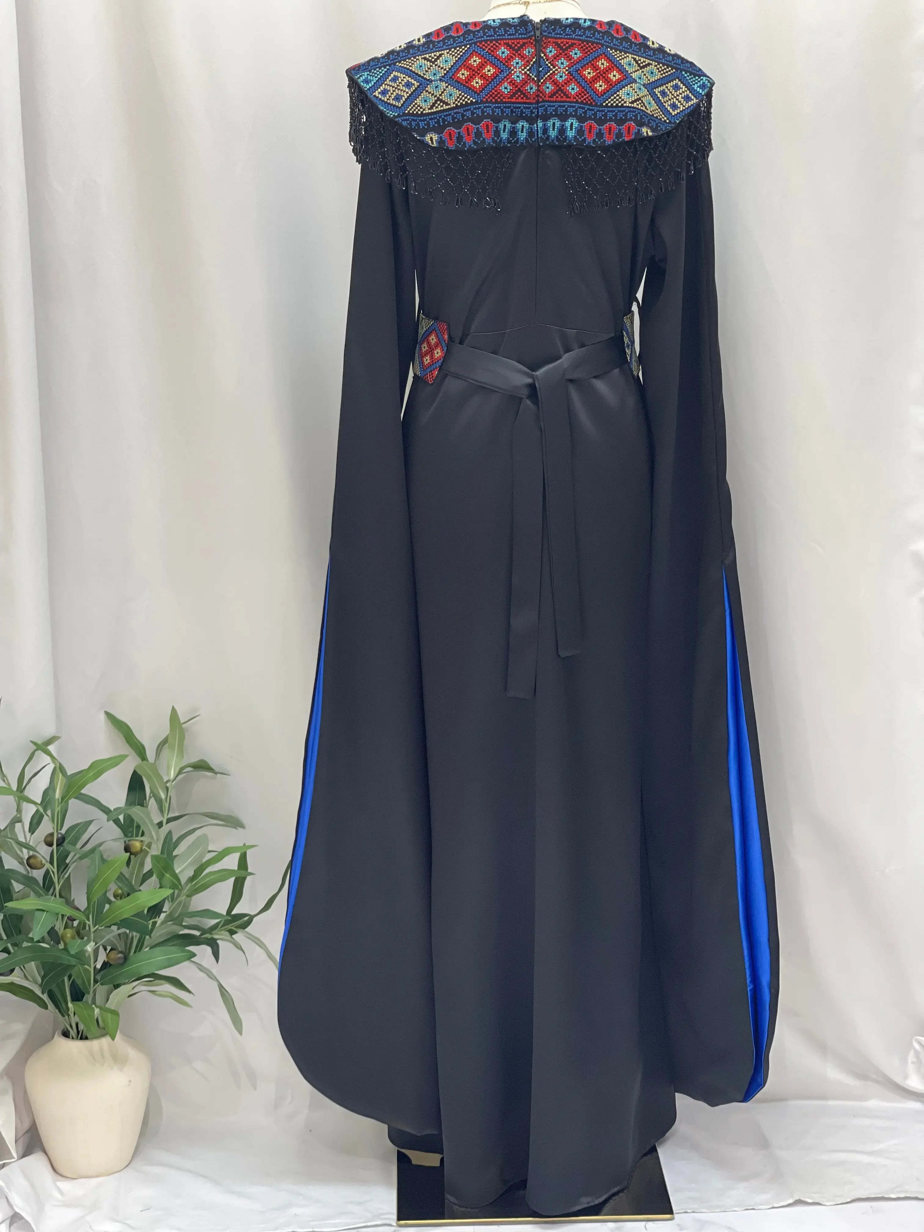 Sophisticated Elegance: Soondos Embroidered Satin Dress Palestinian Elegance