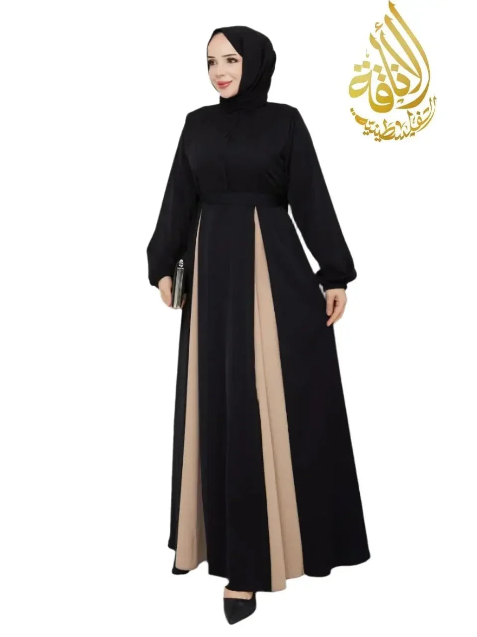 Palestinian Elegance elegant formal long dress in black with beige panels and long sleeves