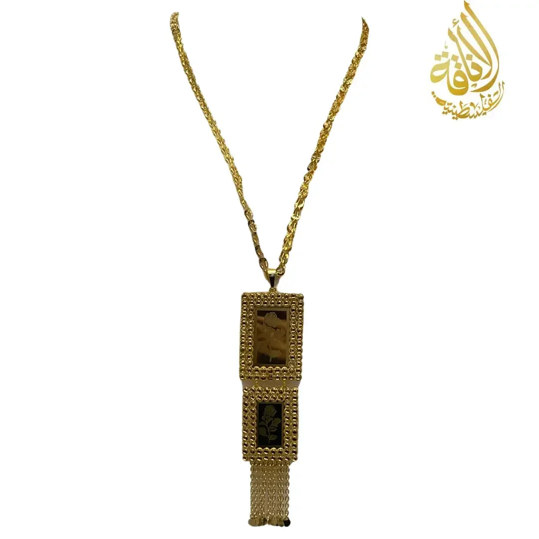 Palestinian embroidered gold necklace with two rectangular pendants and chain tassel detailing