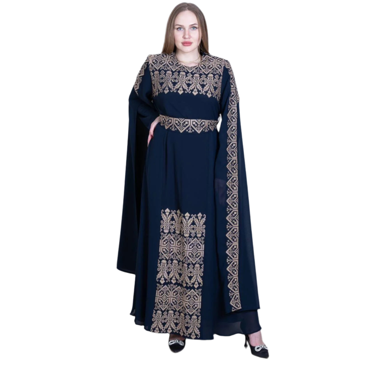 Elegant black Palestinian embroidered dress with intricate beige embroidery on sleeves and front