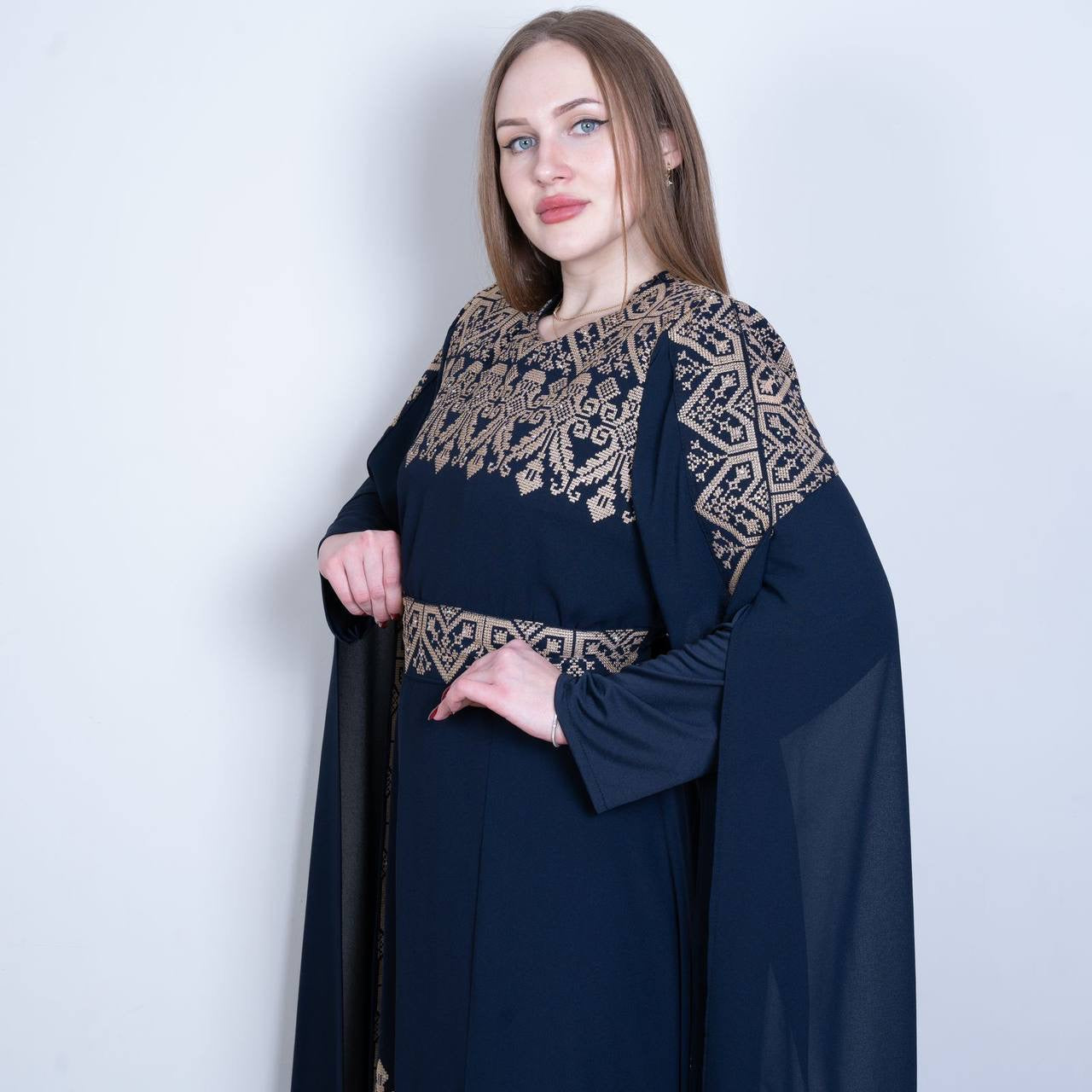Palestinian Elegance navy Palestinian embroidered dress with beige traditional embroidery and flowing sleeves
