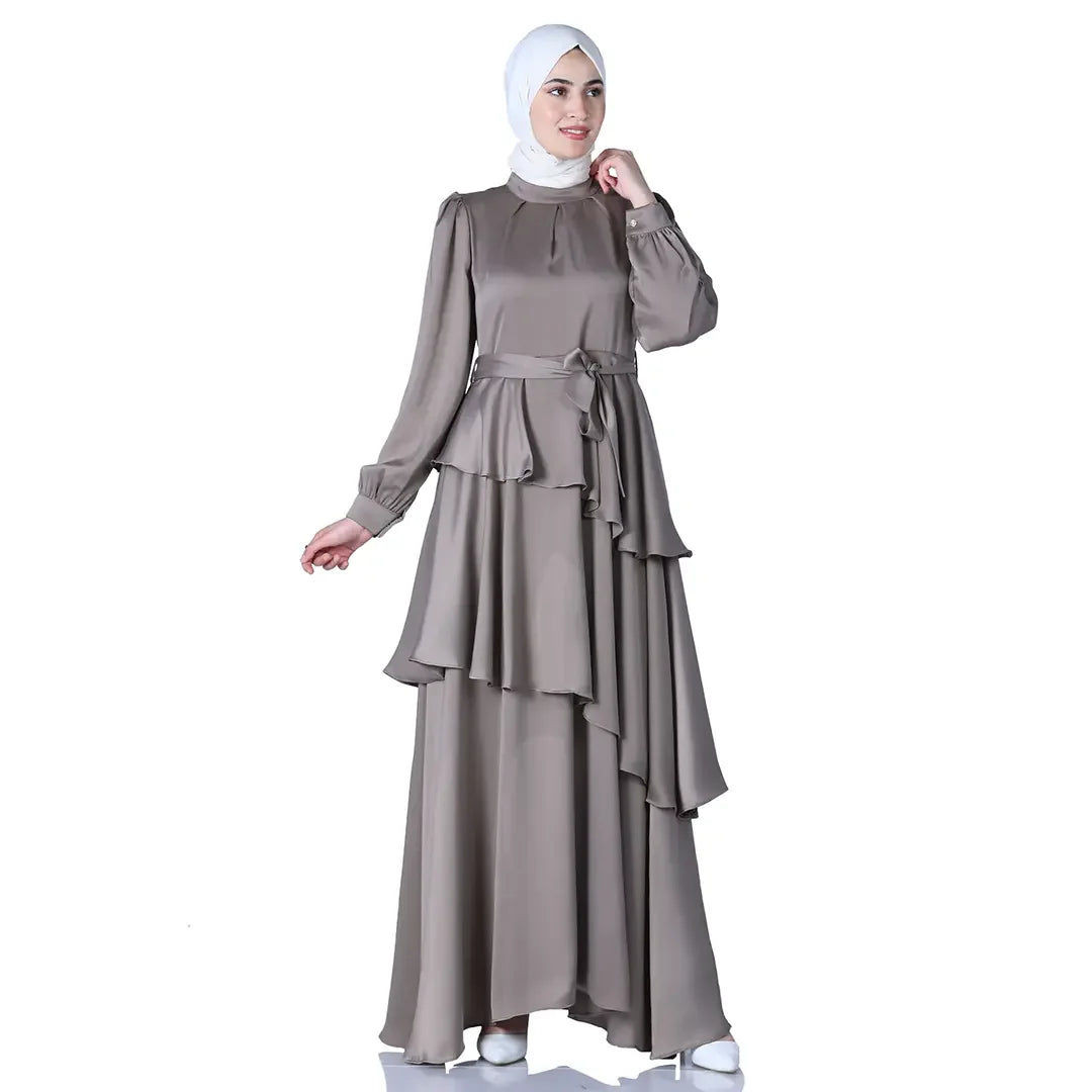 Elegant Layered Satin Gown: Timeless Sophistication and Grace Palestinian Elegance