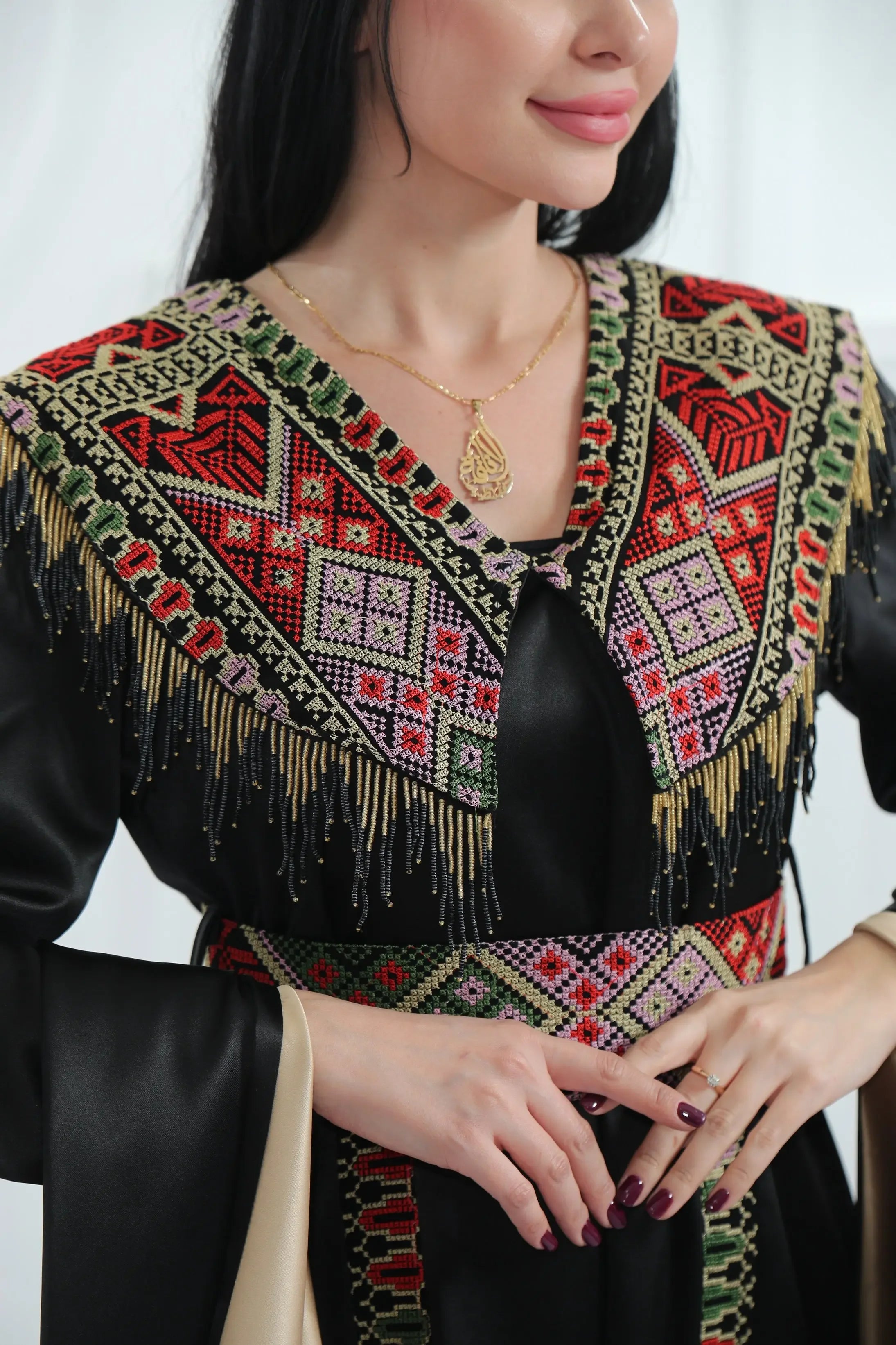 Embroidered Satin Dress With handmade Beads Palestinian Elegance