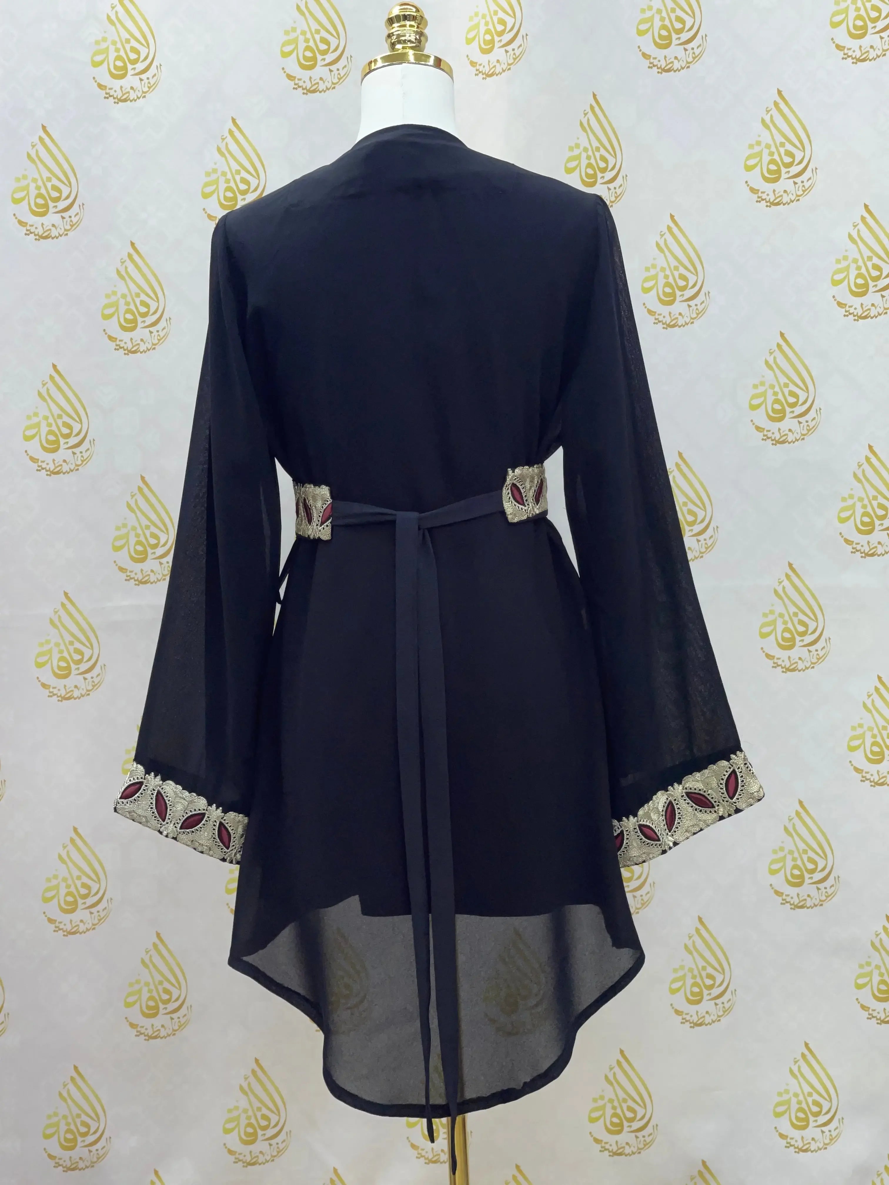 Black embroidered chiffon kimono cardigan with detailed sleeve and waist embroidery from Palestinian Elegance