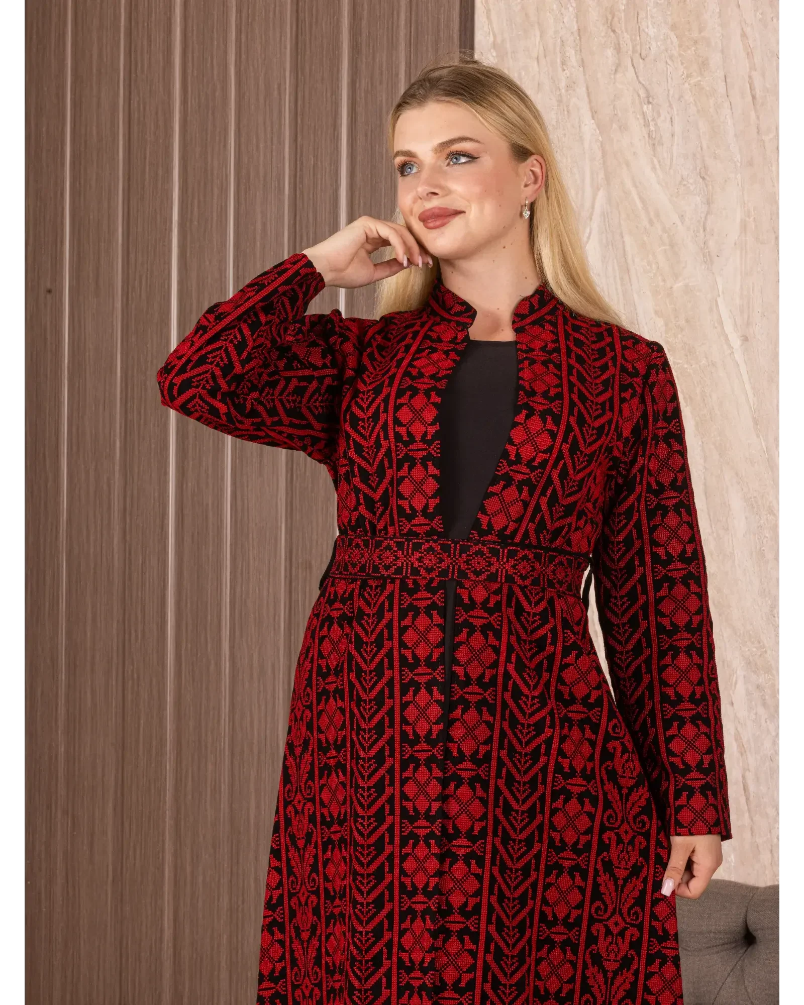 Palestinian Elegance embroidered long cardigan in red and black with intricate geometric patterns