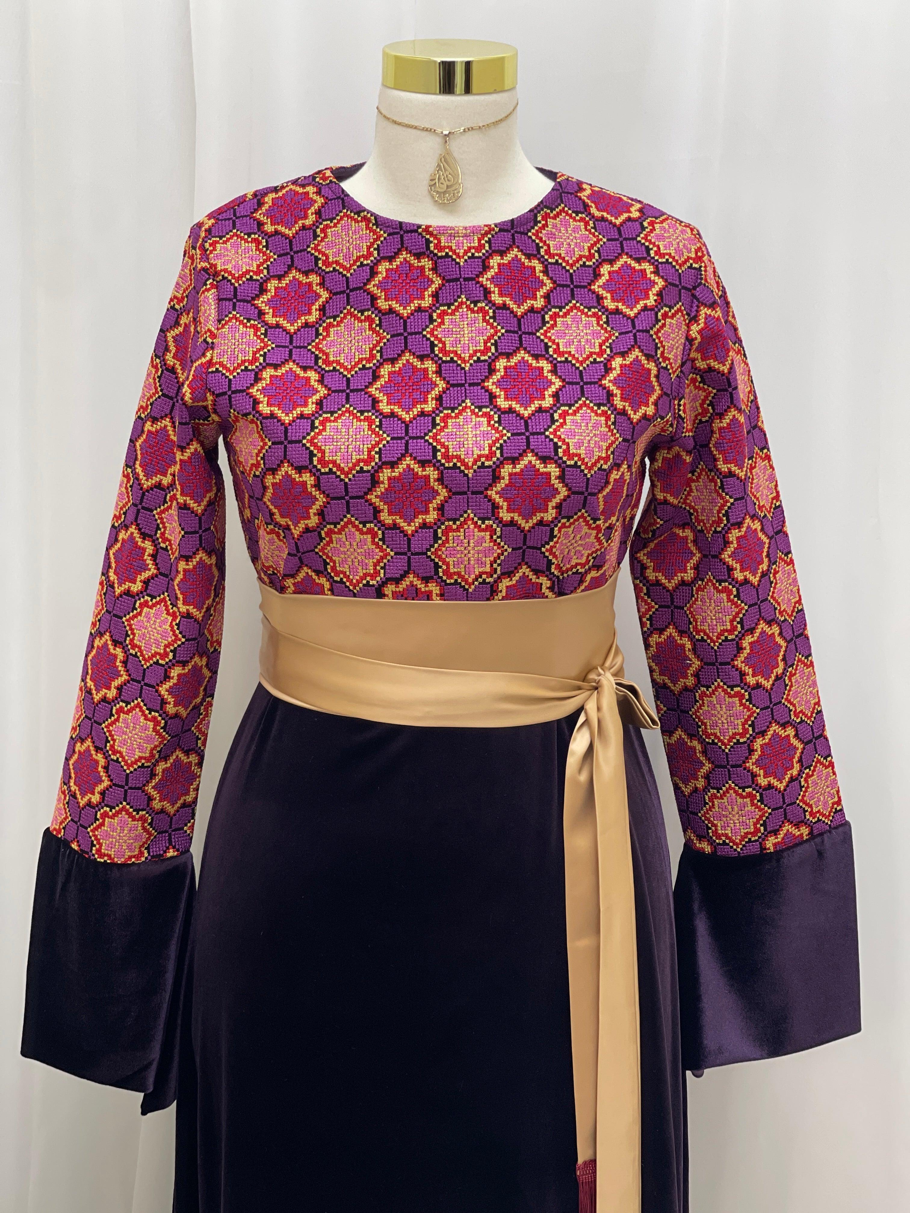 Embroidered Velvet Maxi Dress with Satin Belt